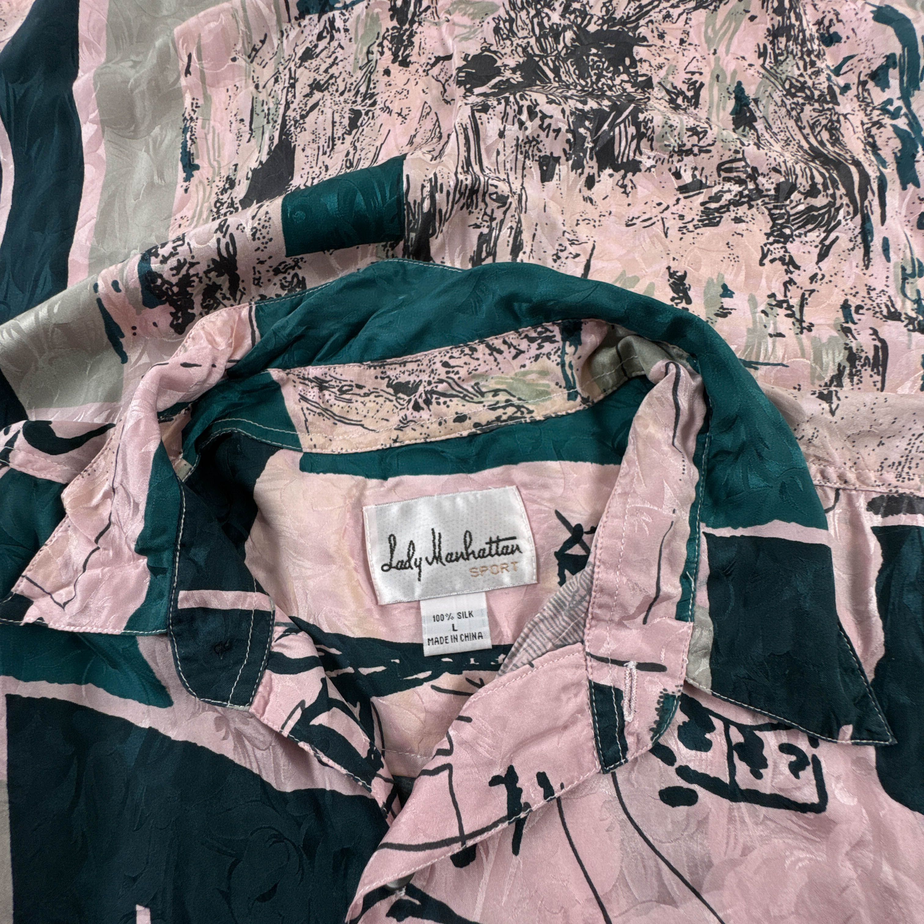 Camicia Vintage rosa fantasia verde e nera astratta 100% seta anni 80 90 - Taglia L uomo