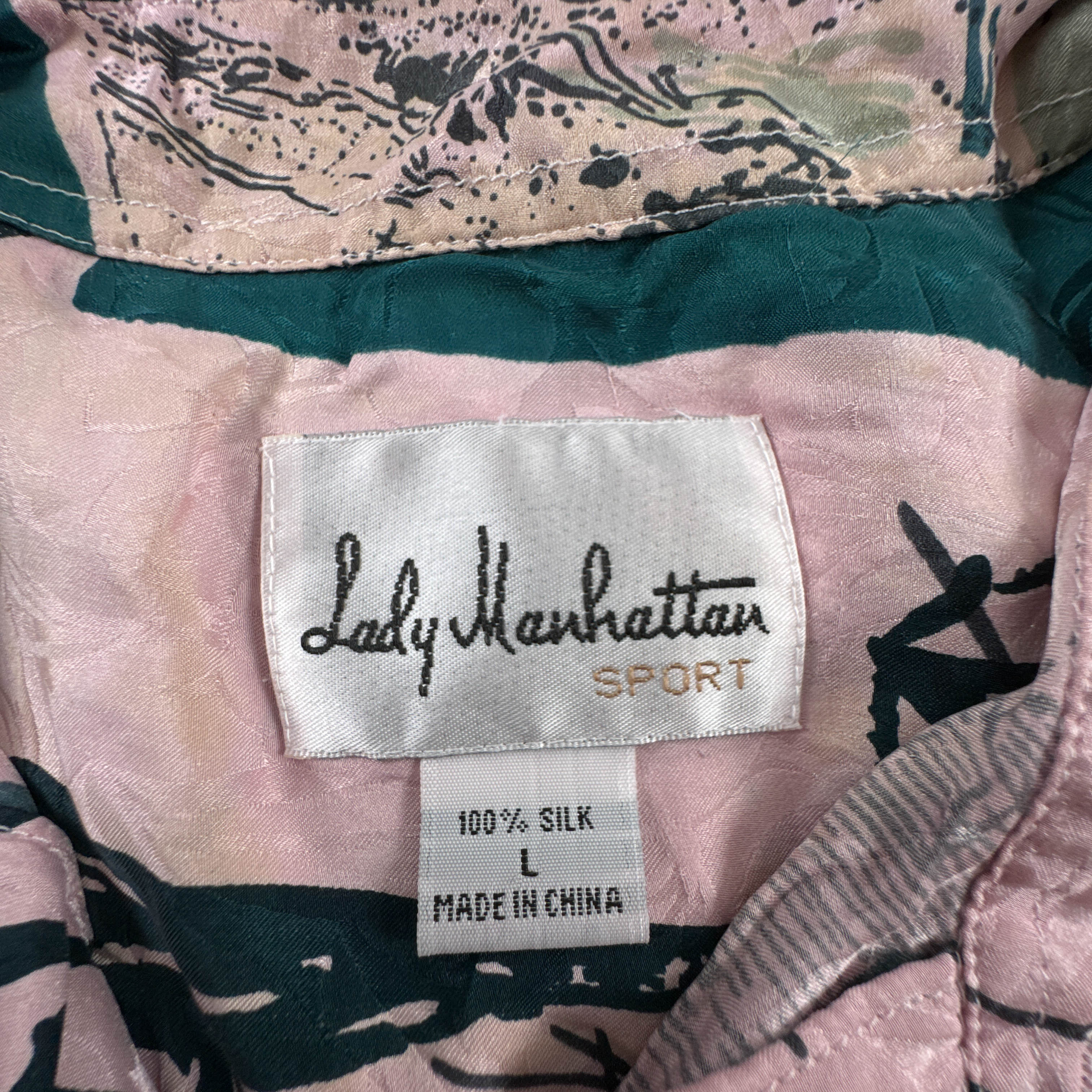 Camicia Vintage rosa fantasia verde e nera astratta 100% seta anni 80 90 - Taglia L uomo