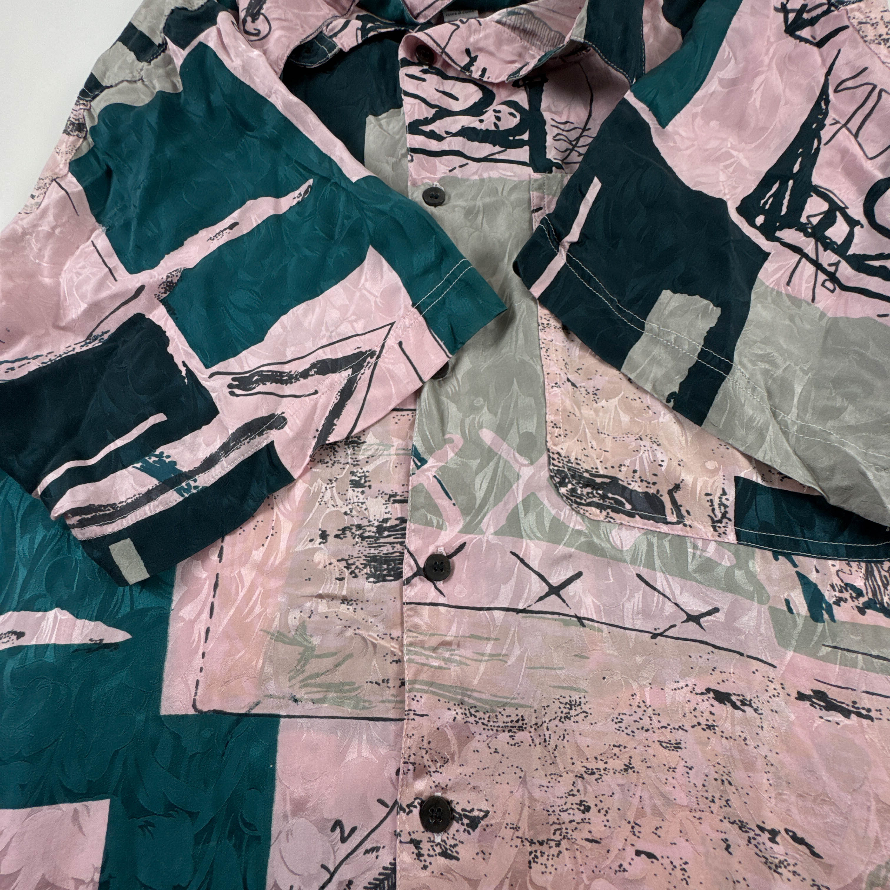 Camicia Vintage rosa fantasia verde e nera astratta 100% seta anni 80 90 - Taglia L uomo