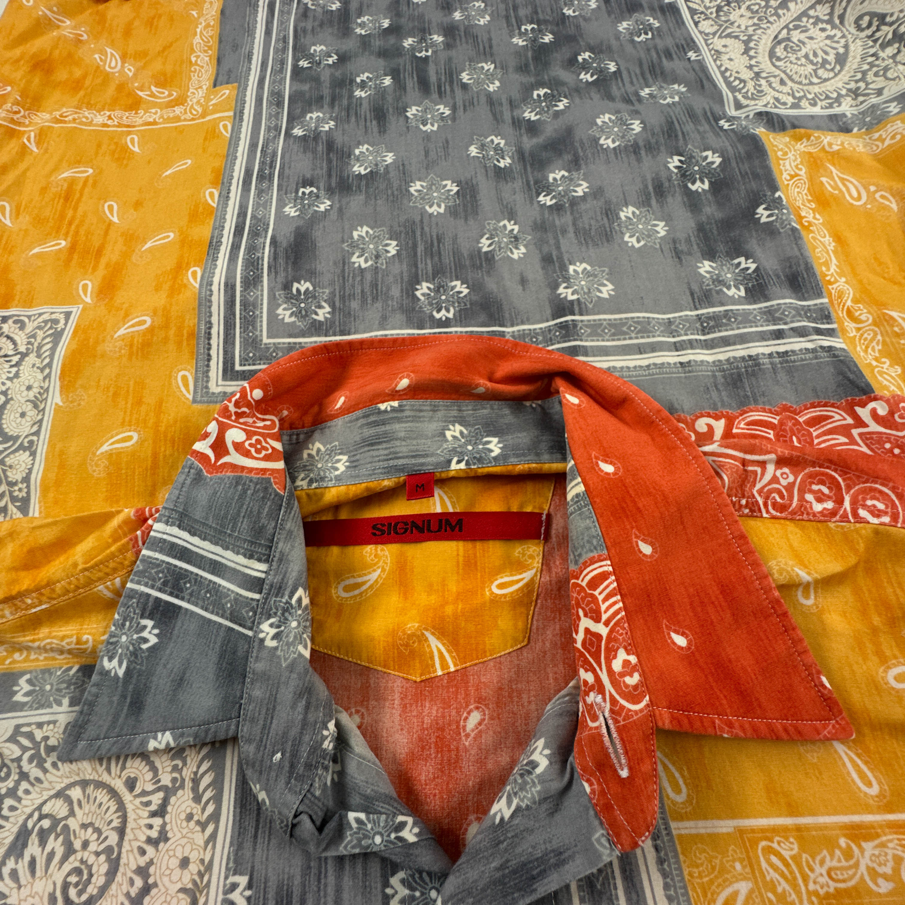 Camicia Vintage gialla arancione e grigia geometrica anni 80 90 - Taglia M uomo
