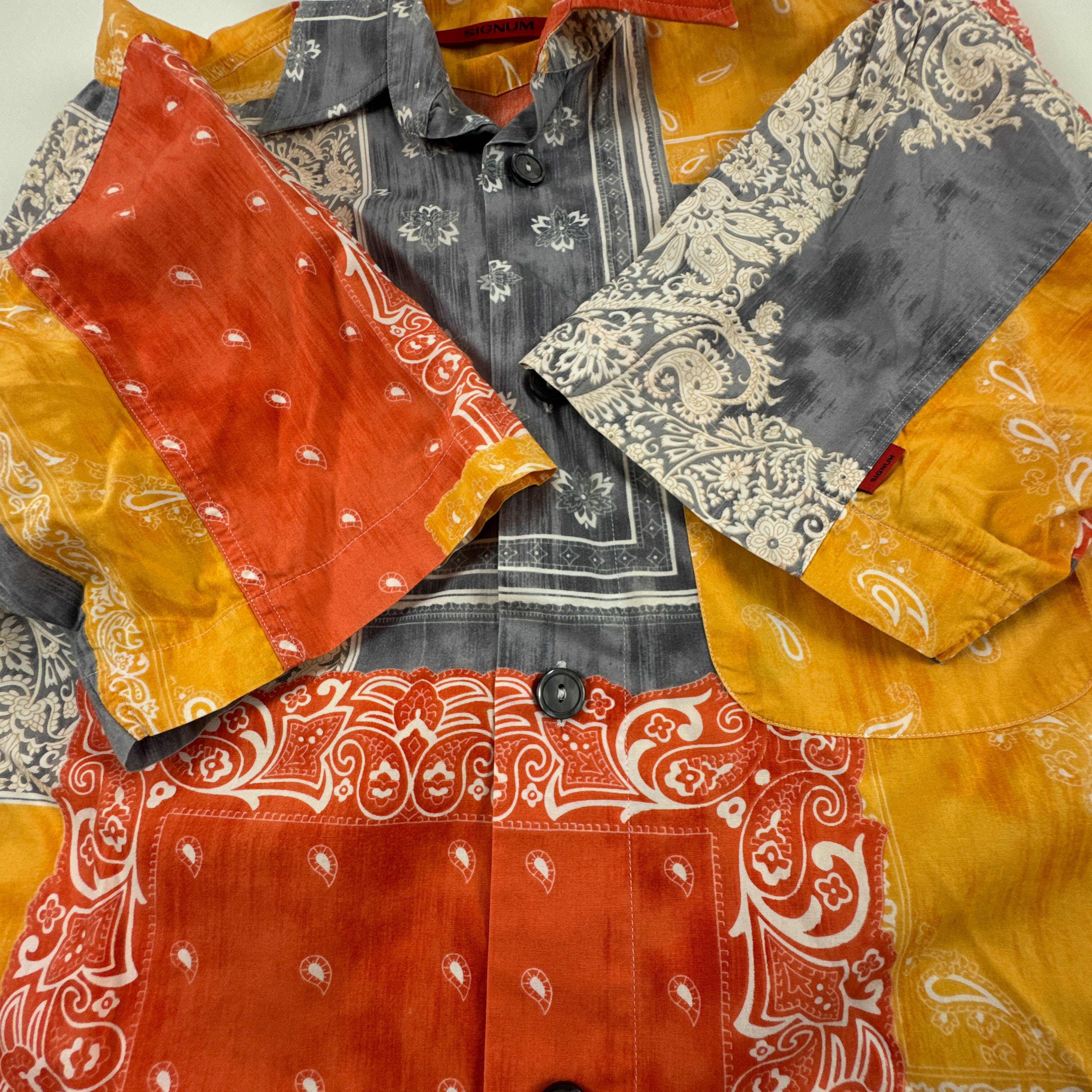 Camicia Vintage gialla arancione e grigia geometrica anni 80 90 - Taglia M uomo