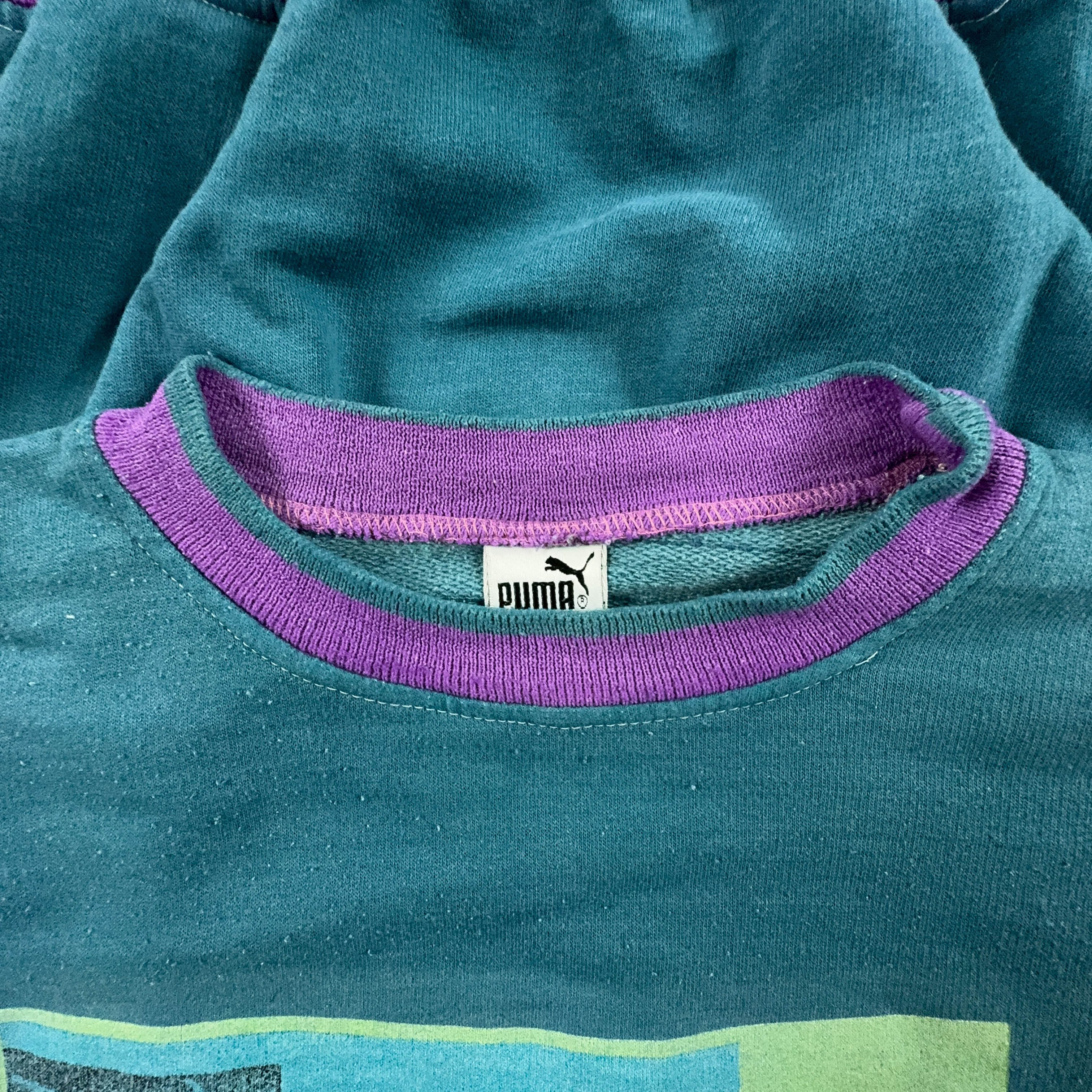 Felpa Puma Vintage blu verde a girocollo con stampa anni 90 - Taglia 7 L uomo