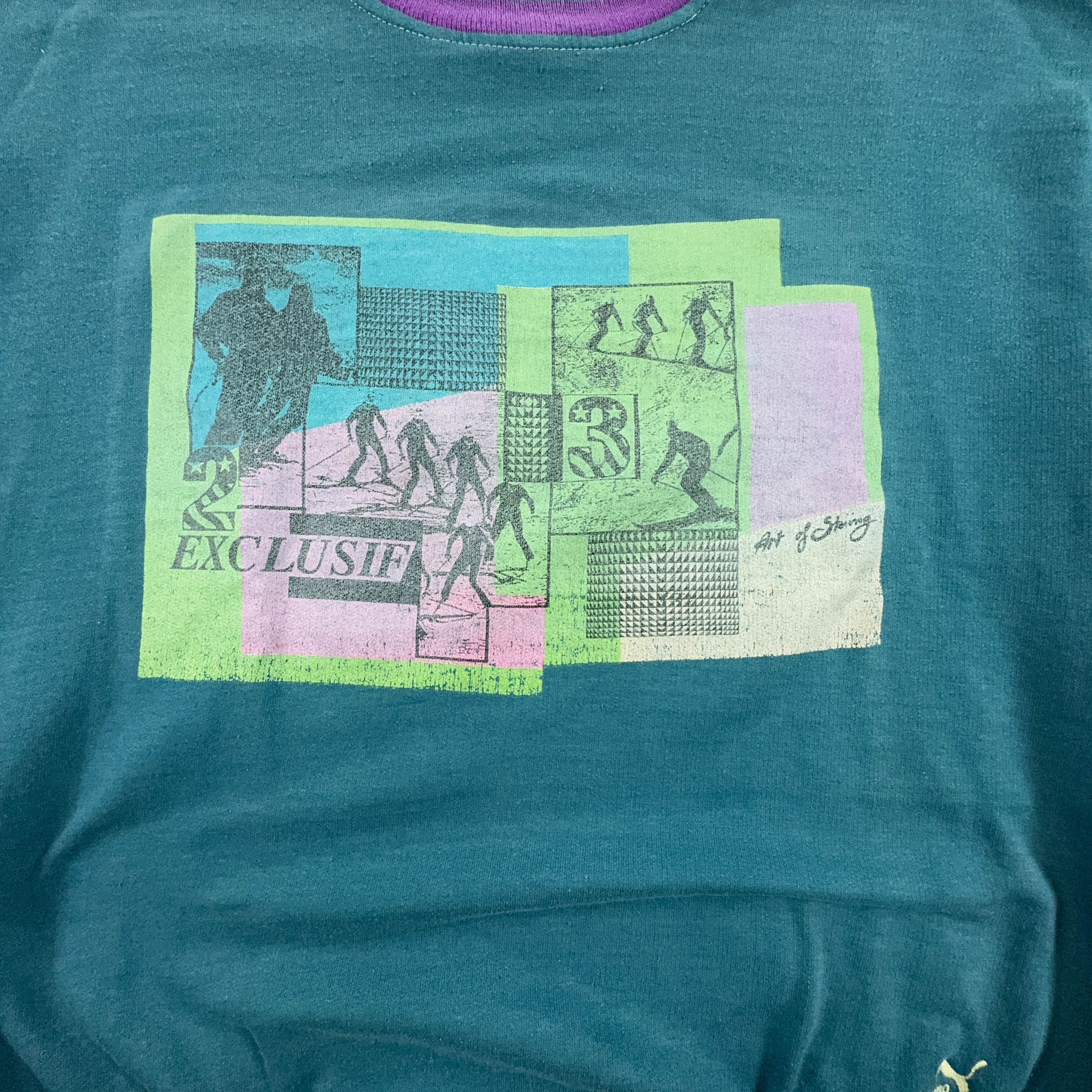 Felpa Puma Vintage blu verde a girocollo con stampa anni 90 - Taglia 7 L uomo