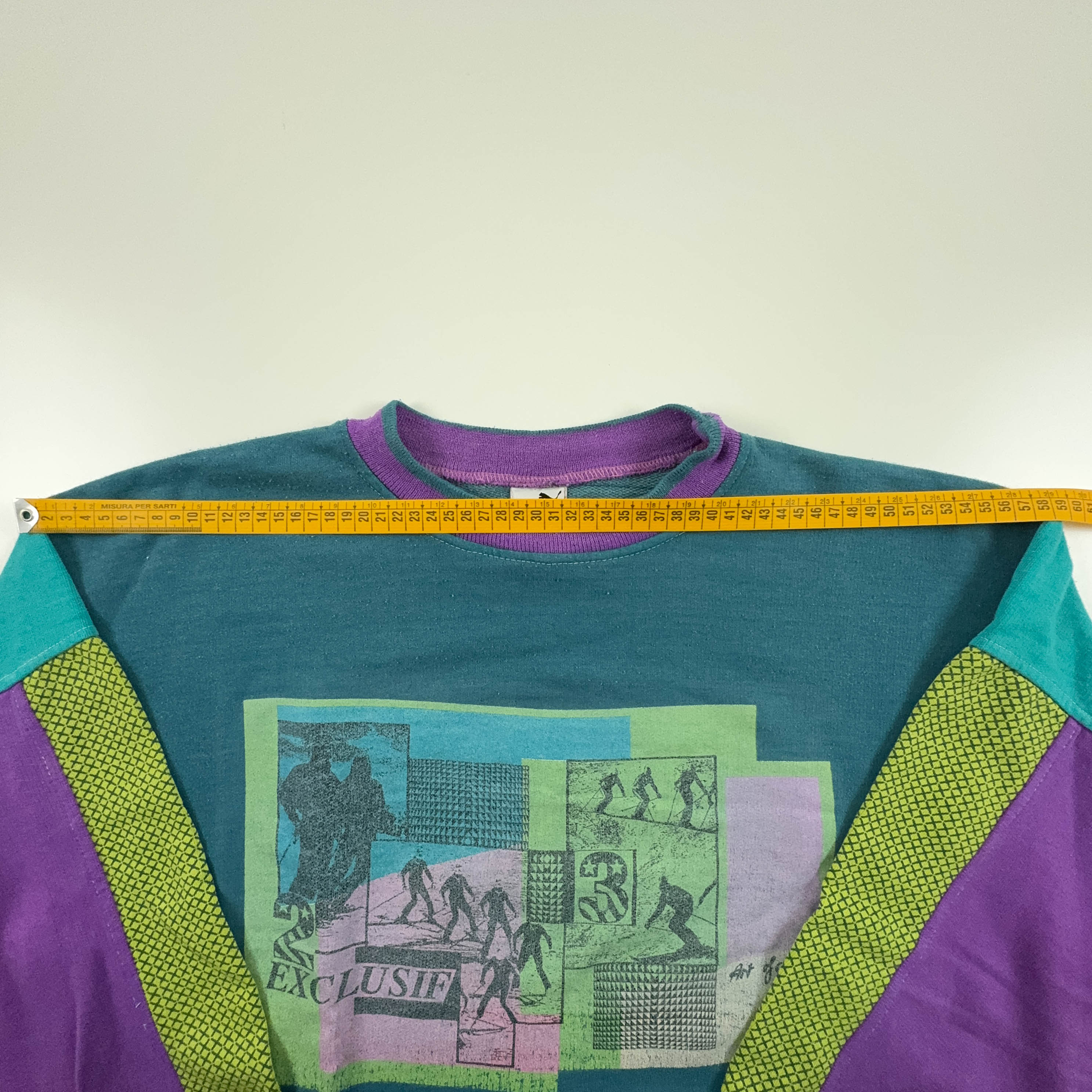 Felpa Puma Vintage blu verde a girocollo con stampa anni 90 - Taglia 7 L uomo