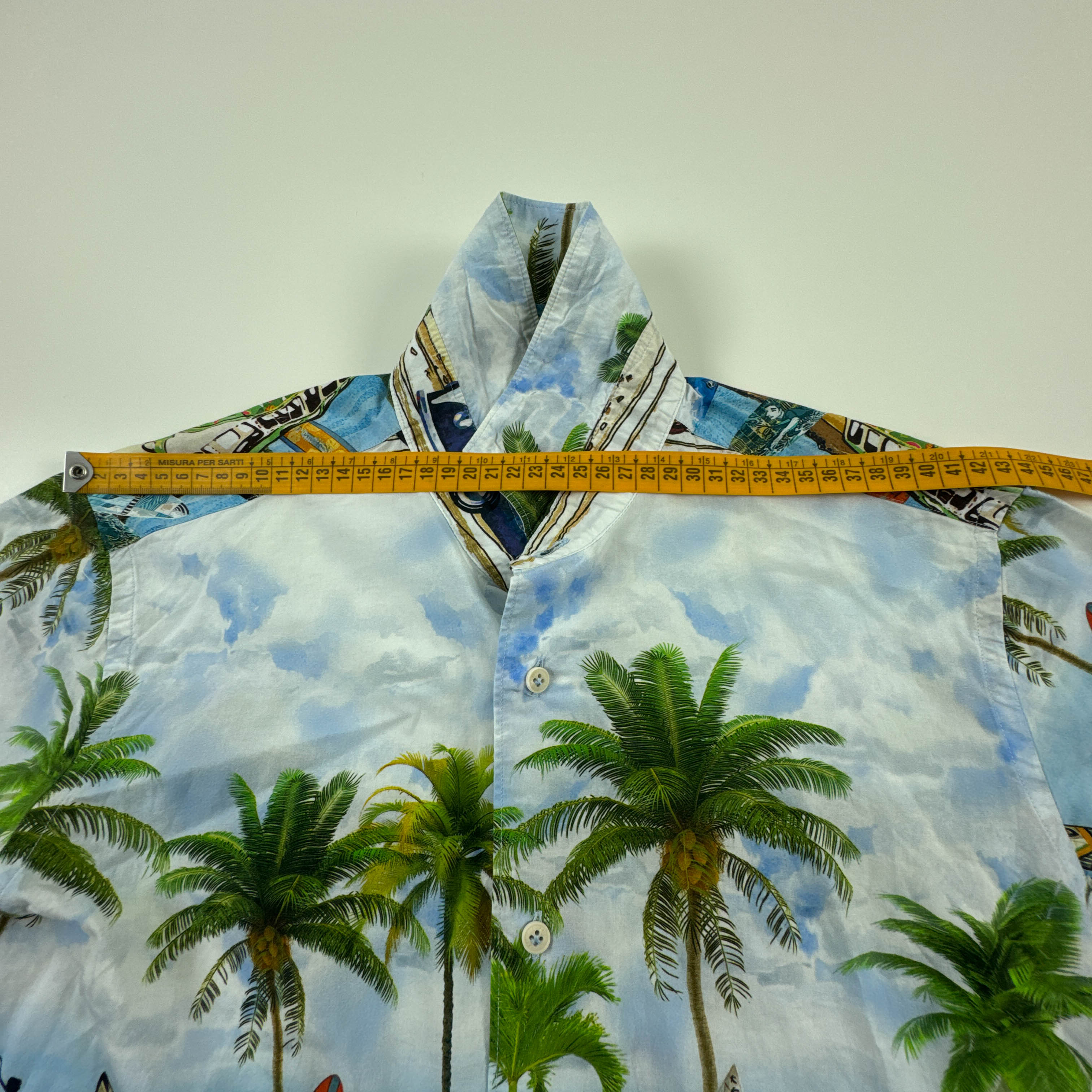 Camicia Vintage bianca con fantasia hawaii multicolore anni 80 90 - Taglia S uomo