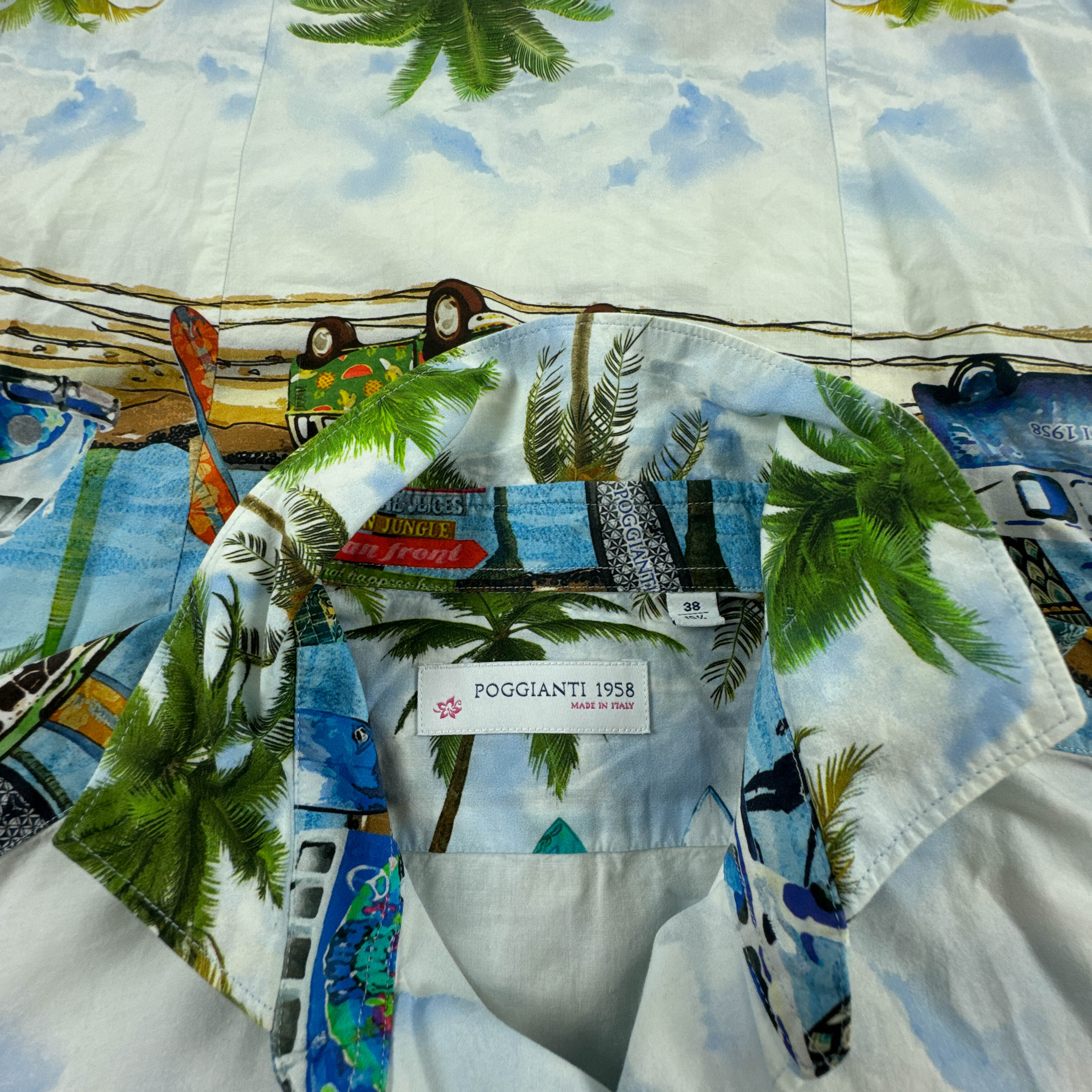 Camicia Vintage bianca con fantasia hawaii multicolore anni 80 90 - Taglia S uomo