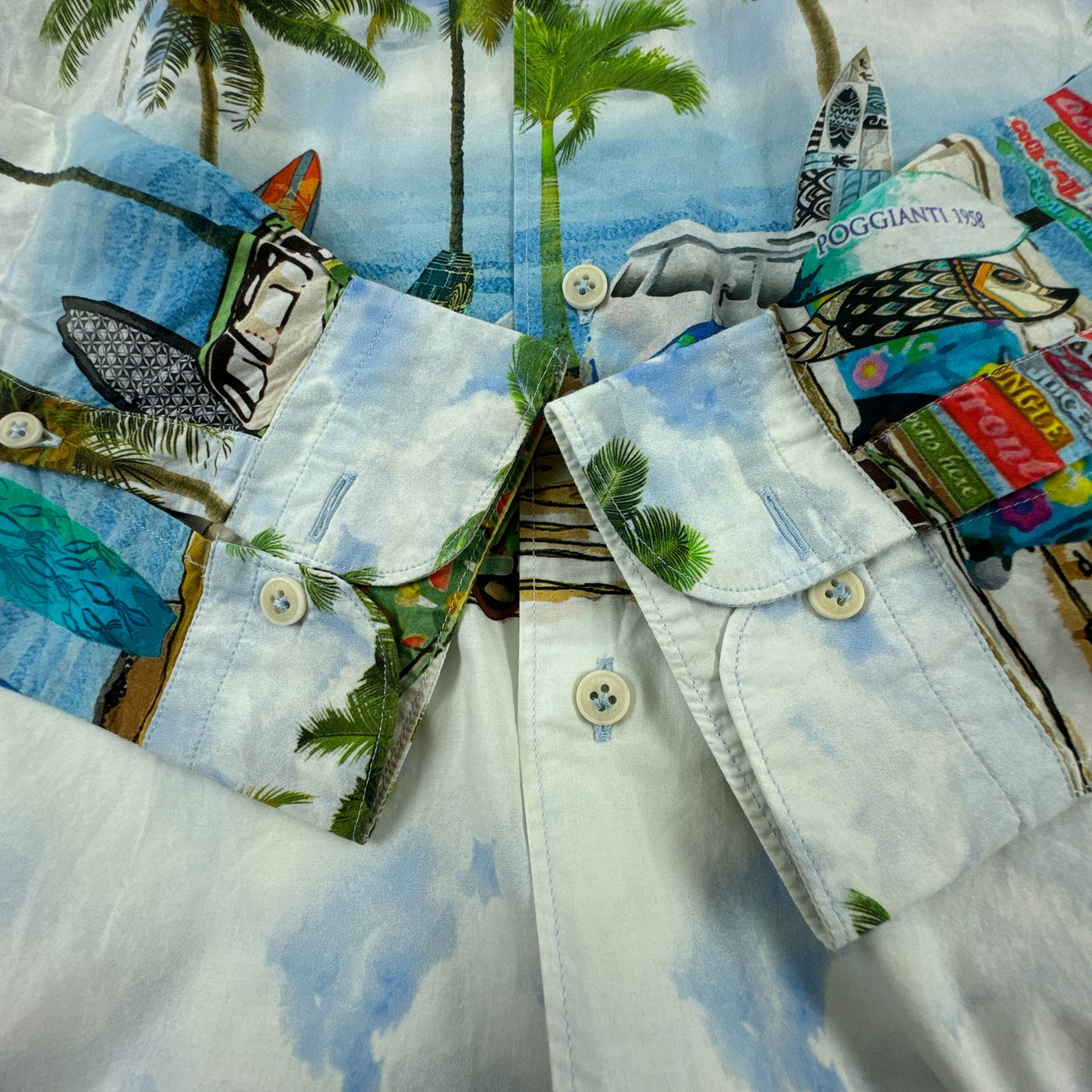 Camicia Vintage bianca con fantasia hawaii multicolore anni 80 90 - Taglia S uomo