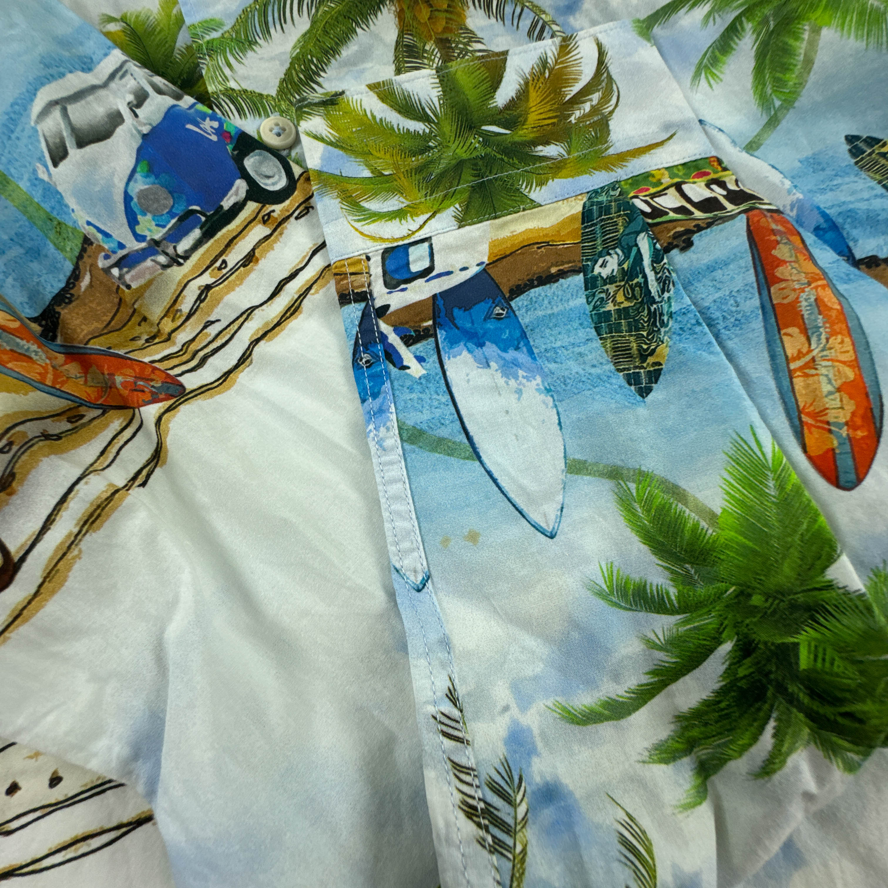 Camicia Vintage bianca con fantasia hawaii multicolore anni 80 90 - Taglia S uomo