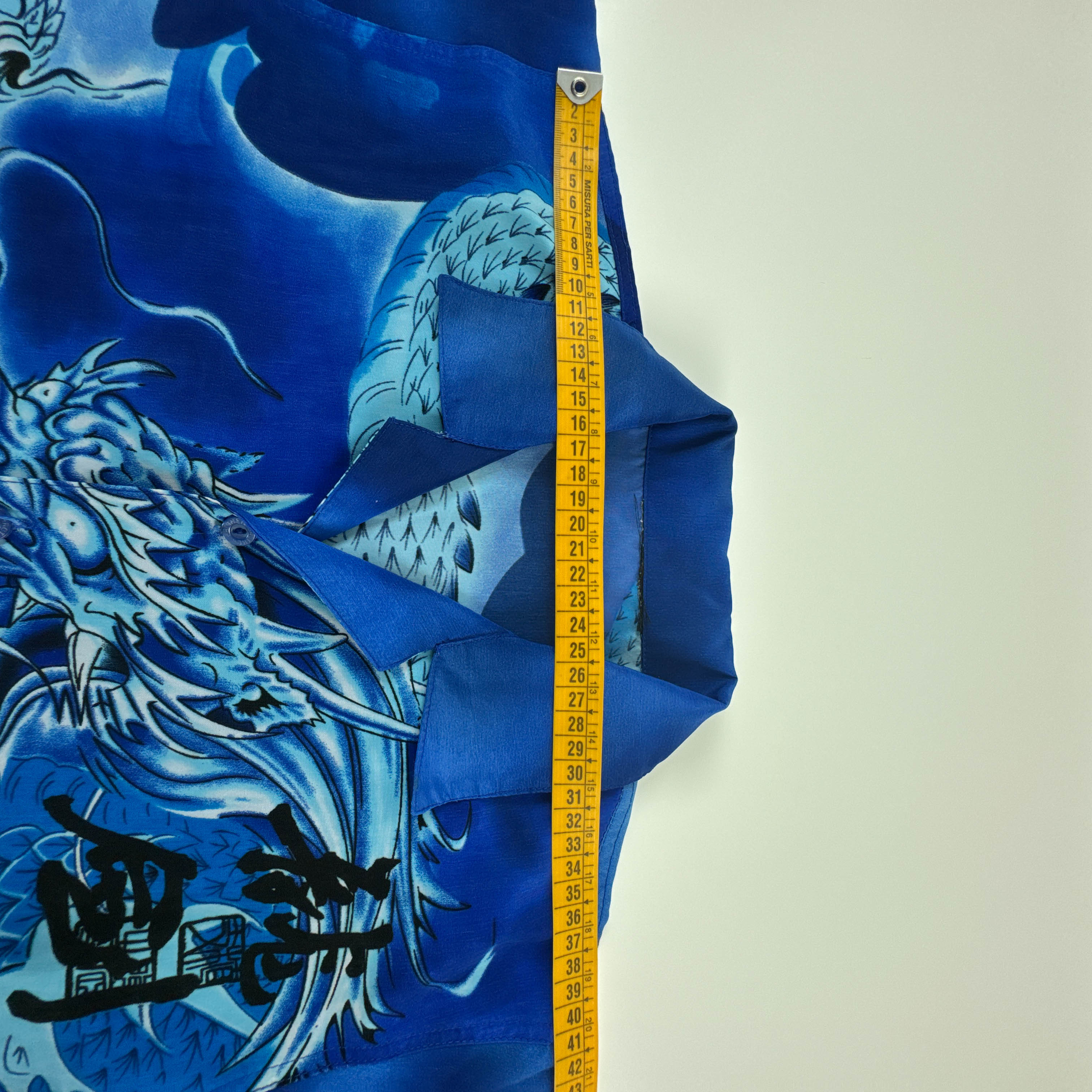 Camicia Vintage blu con stampa dragone all over anni 80 90 - Taglia XS uomo