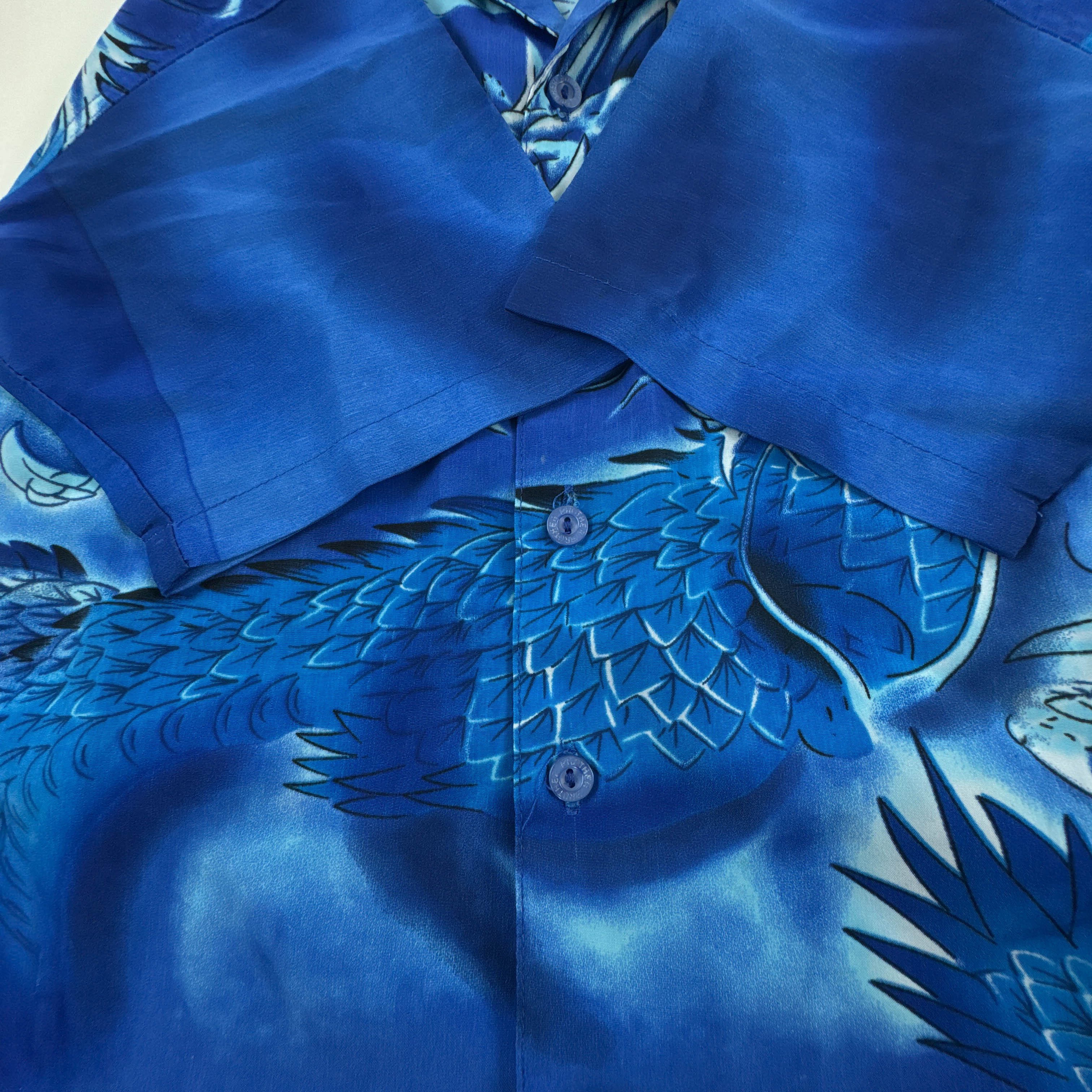 Camicia Vintage blu con stampa dragone all over anni 80 90 - Taglia XS uomo
