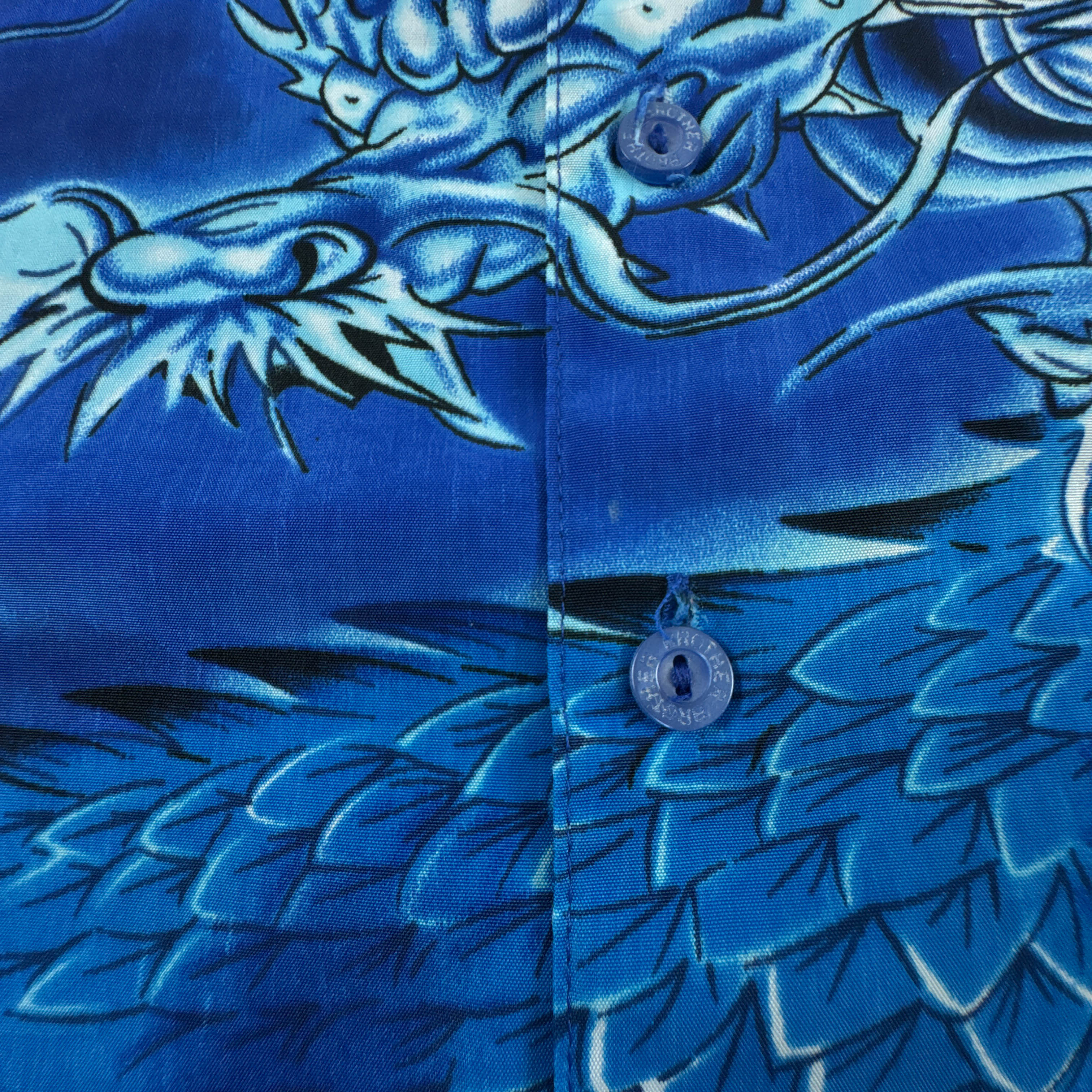 Camicia Vintage blu con stampa dragone all over anni 80 90 - Taglia XS uomo