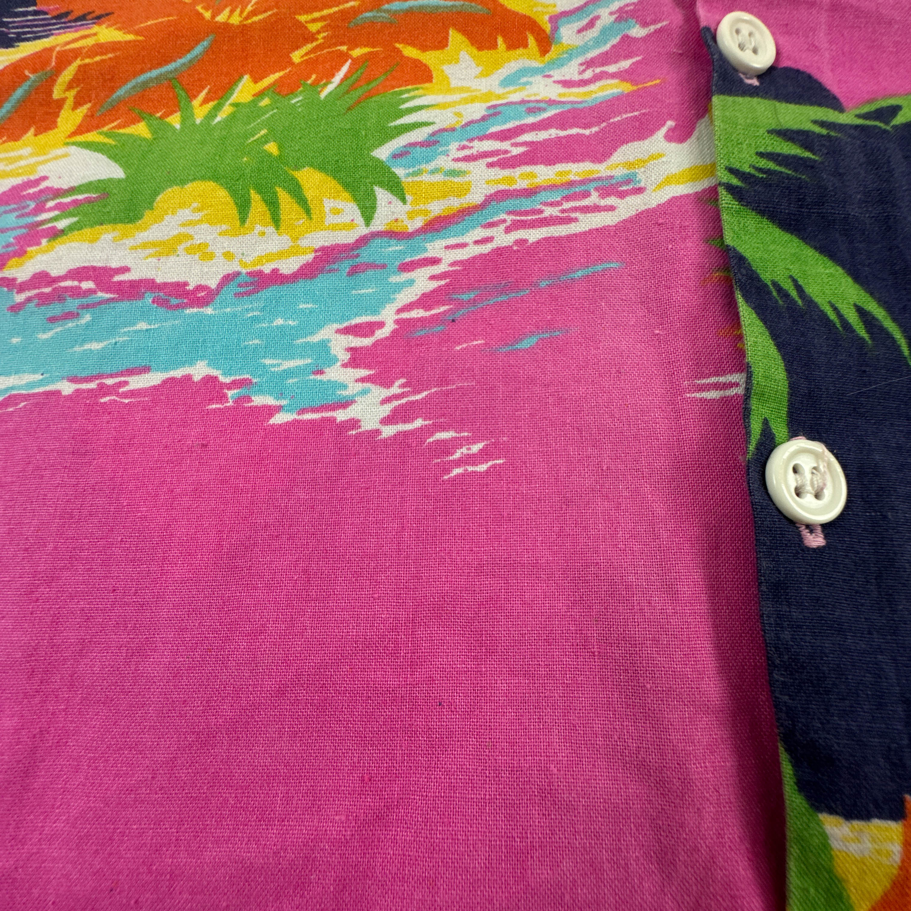 Camicia Vintage rosa e blu con fantasia hawaii multicolore anni 80 90 - Taglia S uomo