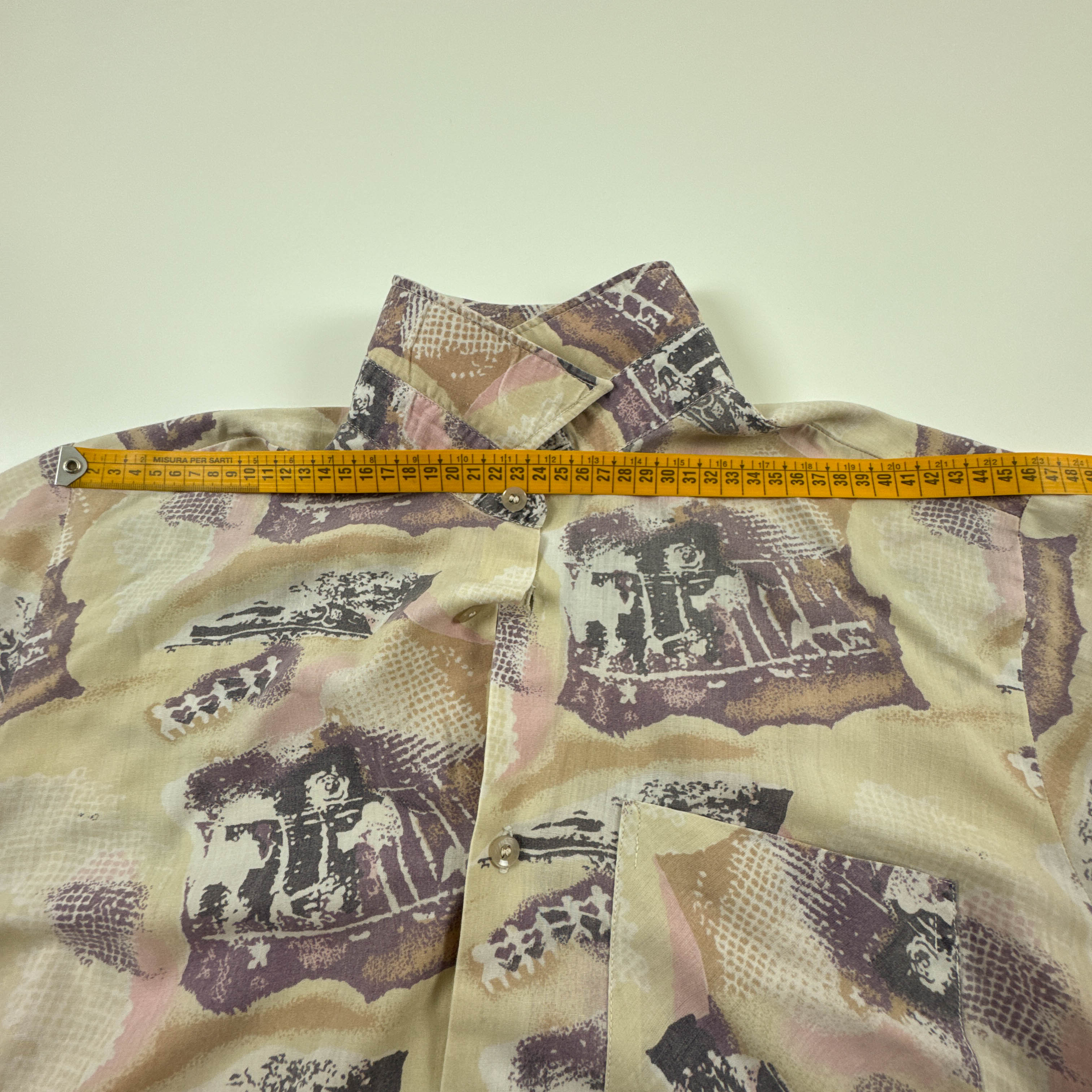 Camicia Vintage beige con fantasia astratta multicolore anni 80 90 - Taglia L uomo