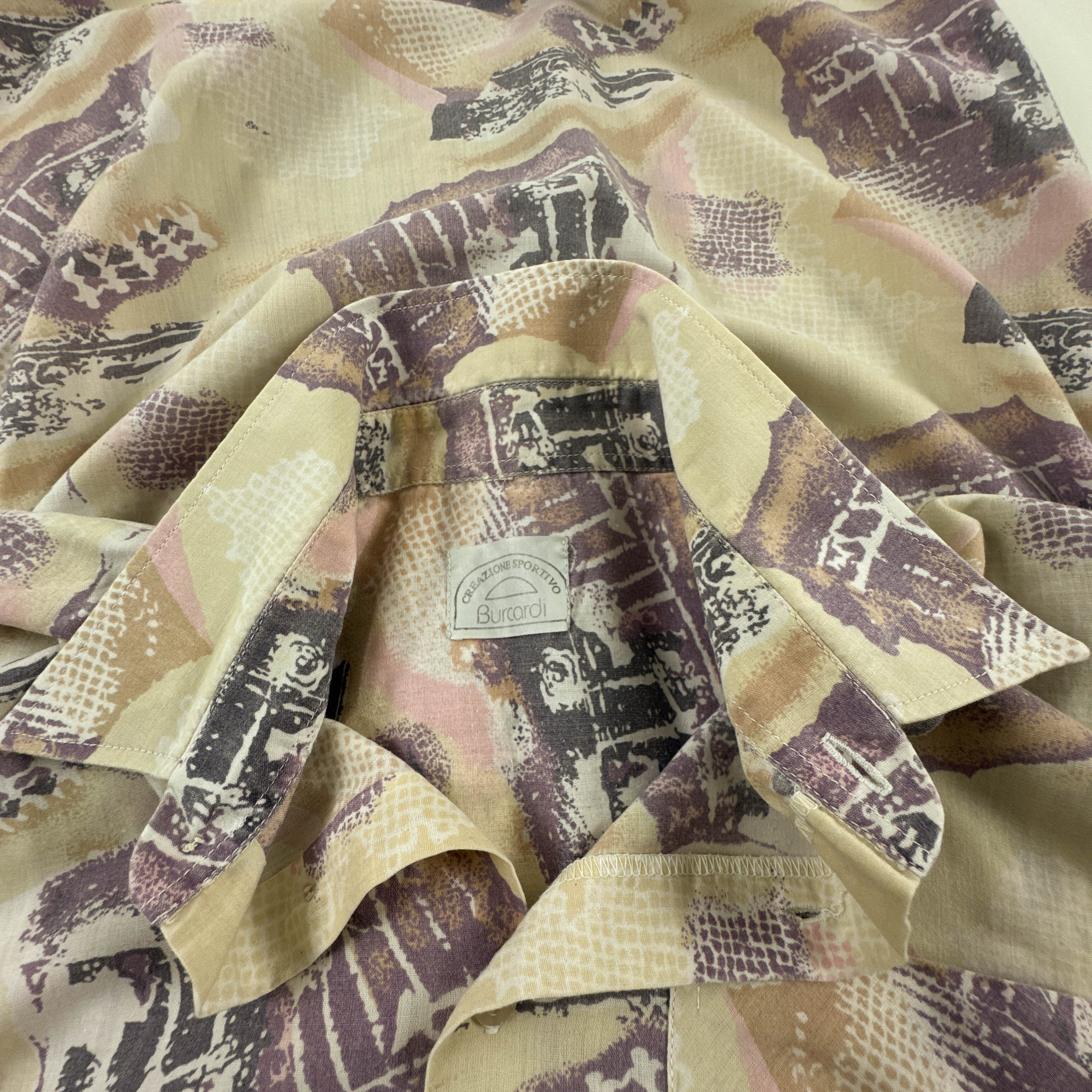 Camicia Vintage beige con fantasia astratta multicolore anni 80 90 - Taglia L uomo