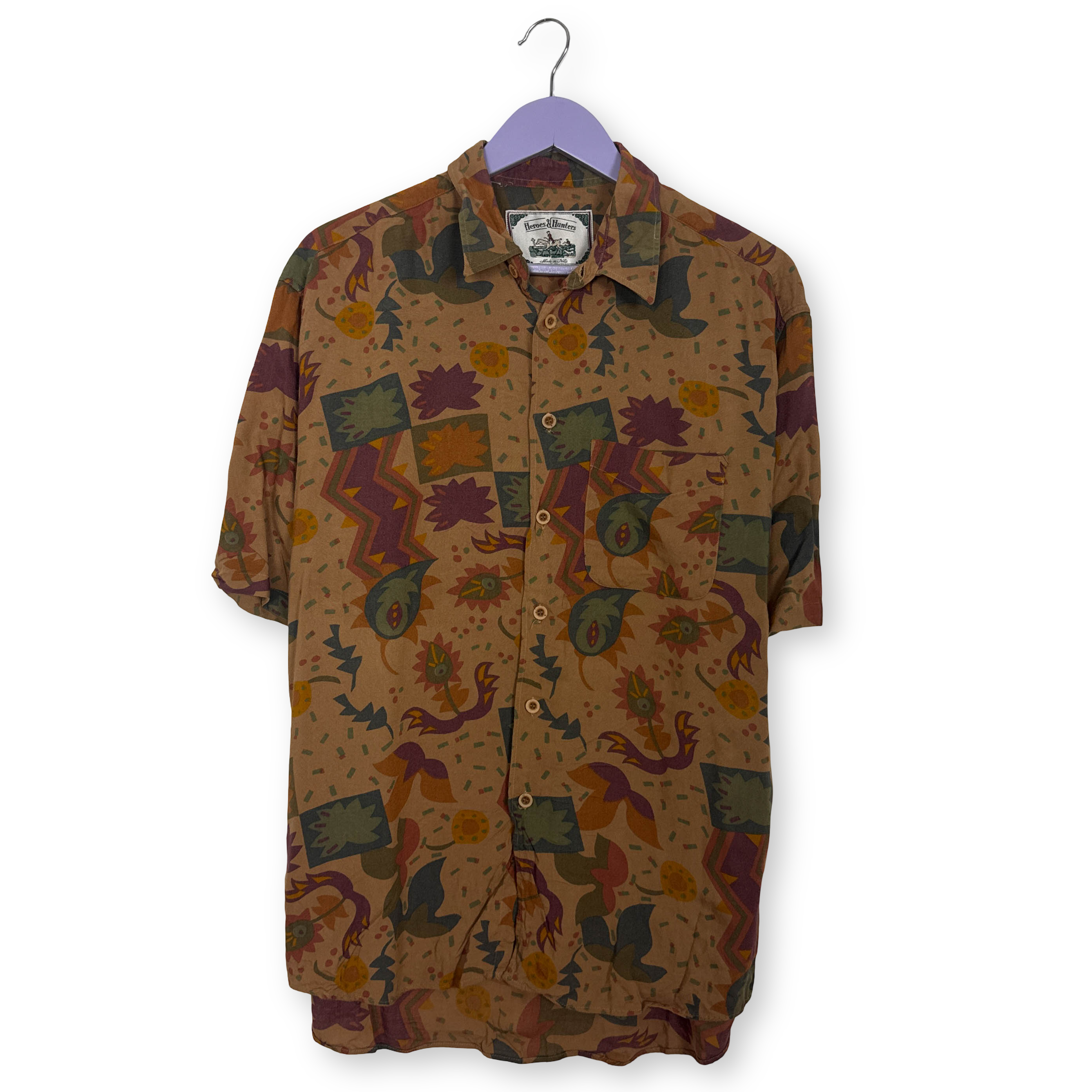 Camicia Vintage arancione verde e rossa fantasia astratta anni 80 90 - Taglia M uomo