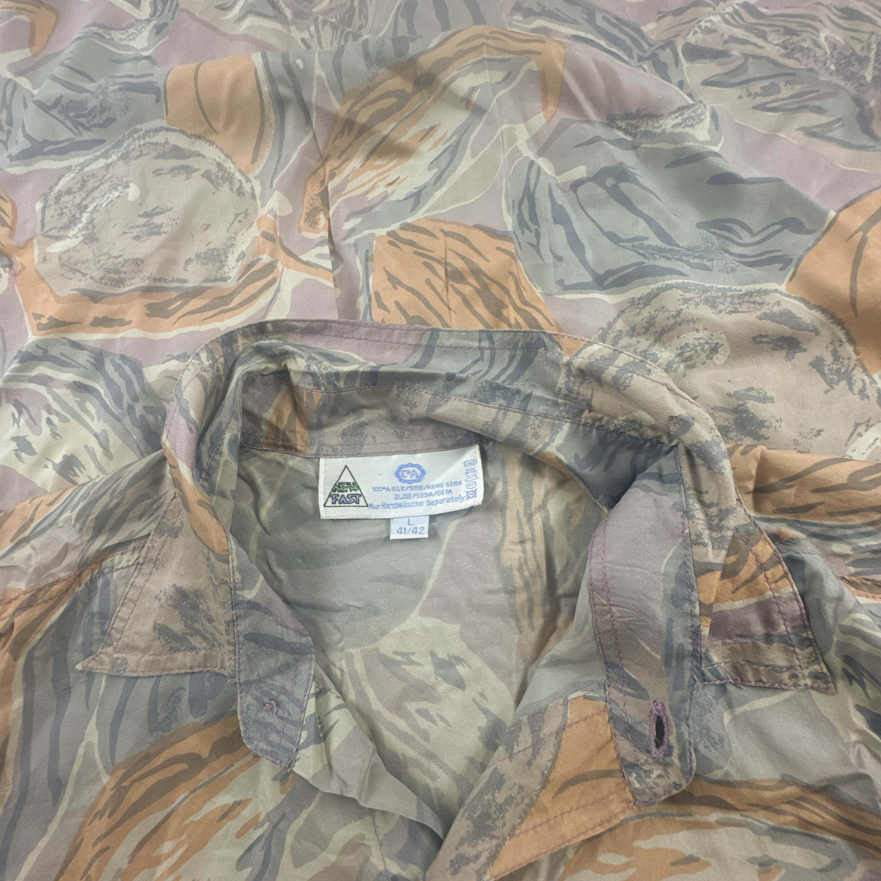 Camicia Vintage New Fast multicolore fantasia astratta 100% seta anni 80 90 - Taglia L uomo