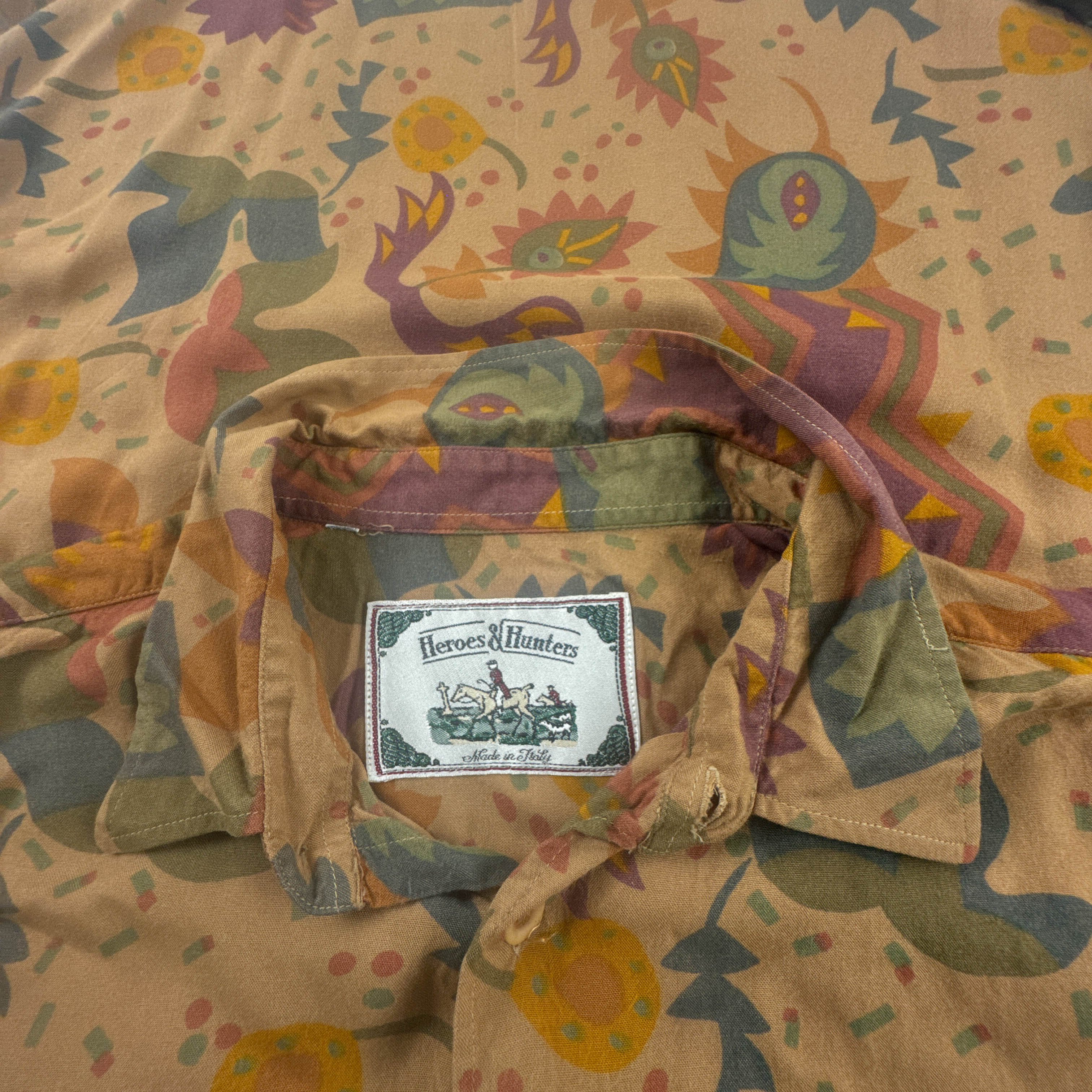 Camicia Vintage arancione verde e rossa fantasia astratta anni 80 90 - Taglia M uomo