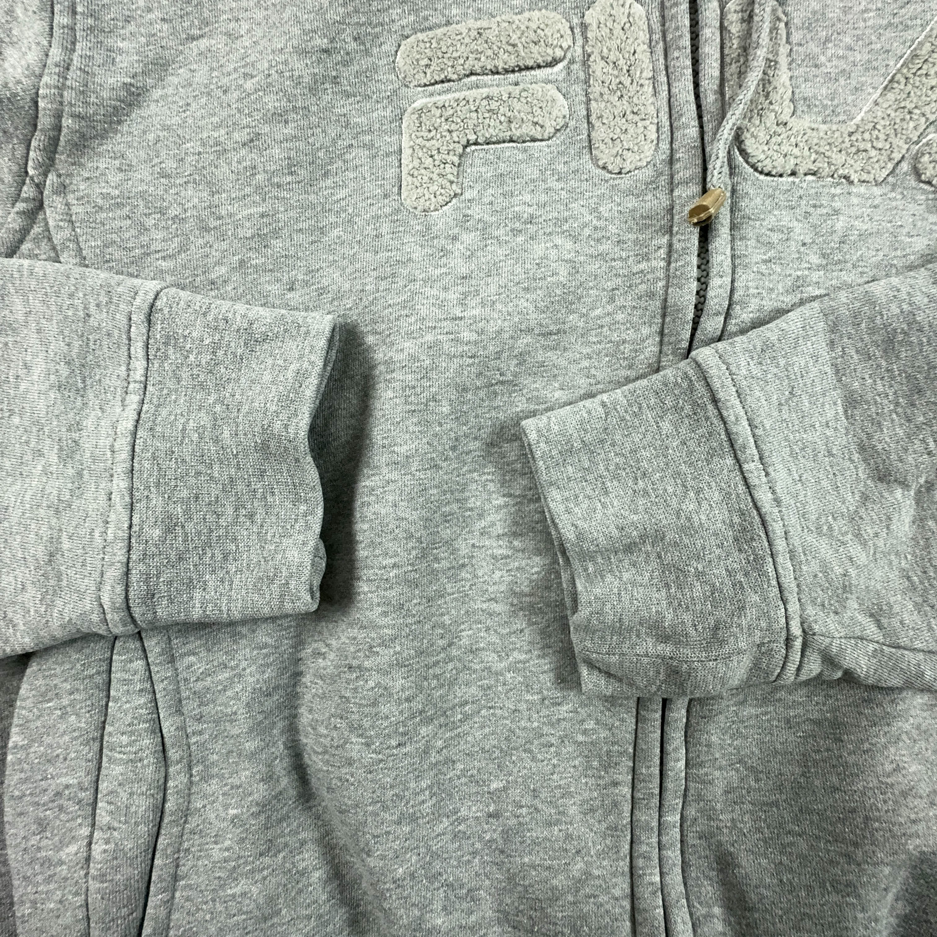 Felpa Fila Vintage grigia con cappuccio e zip anni 2000 logo grande - Taglia M/L uomo