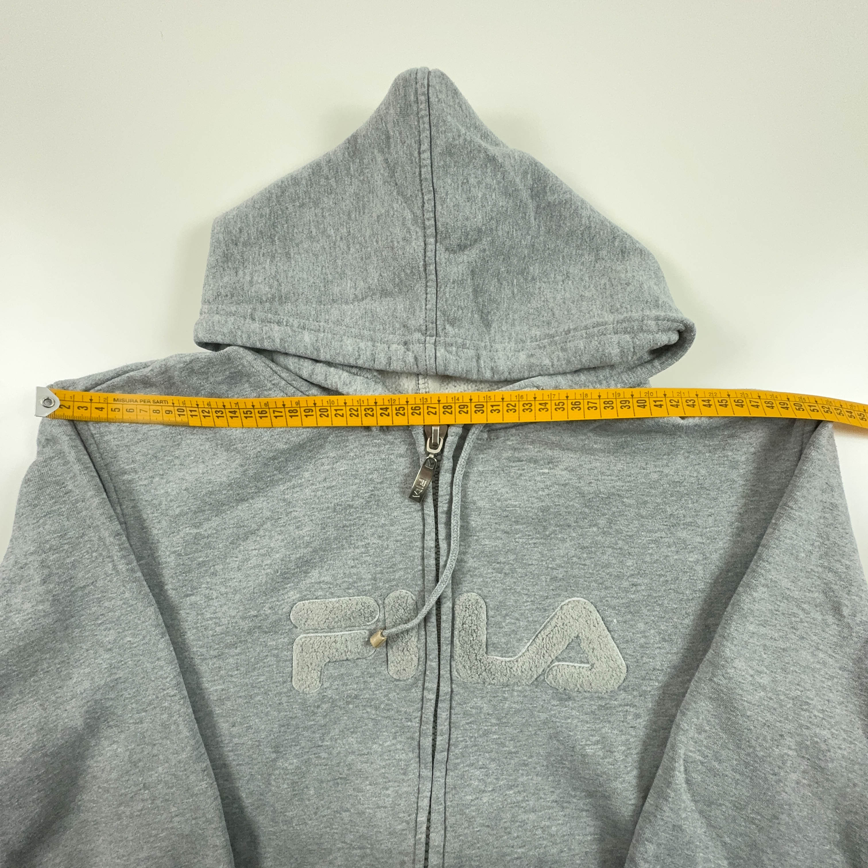 Felpa Fila Vintage grigia con cappuccio e zip anni 2000 logo grande - Taglia M/L uomo