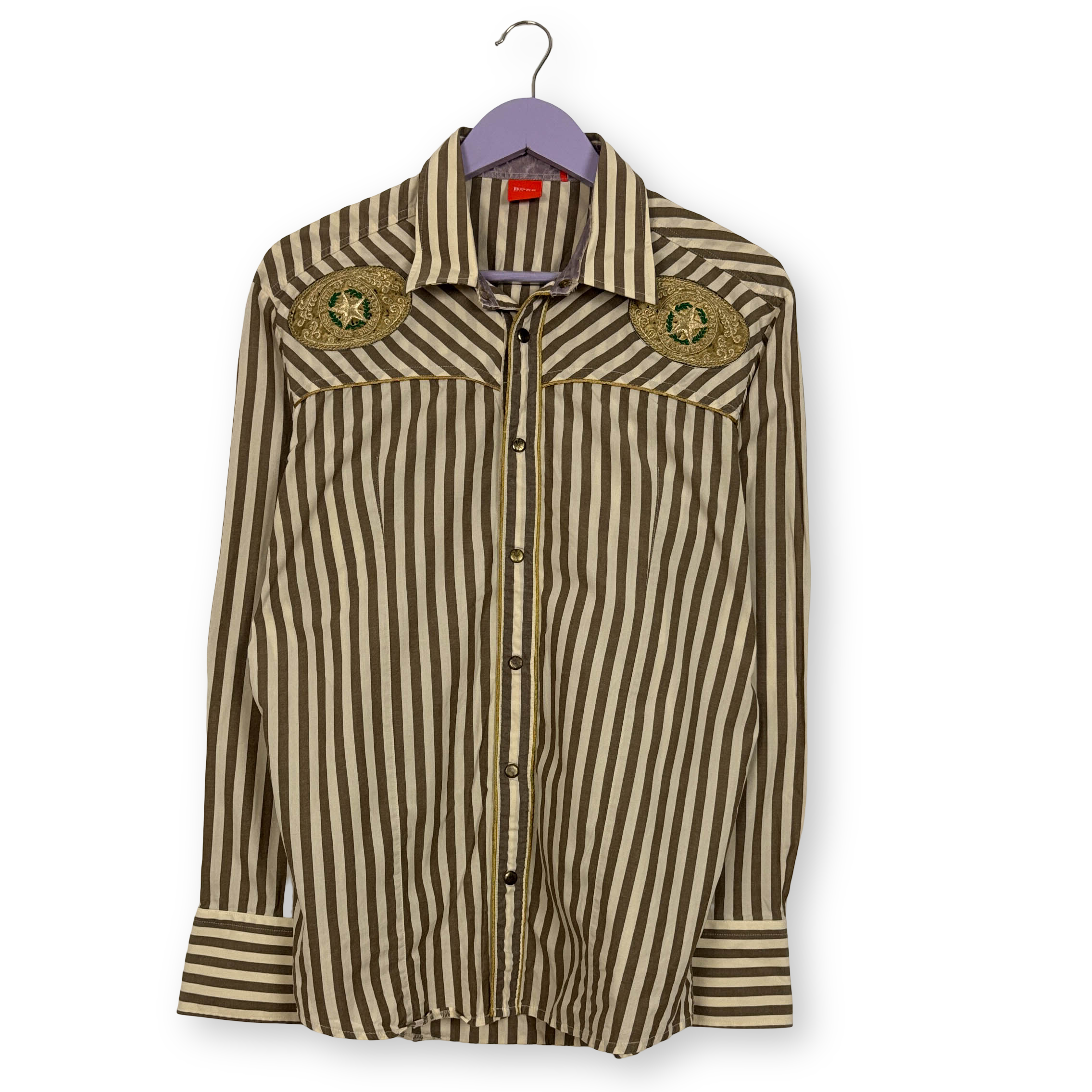 Camicia Hugo Boss gialla e marrone a righe con ricami e paillette - Taglia L uomo