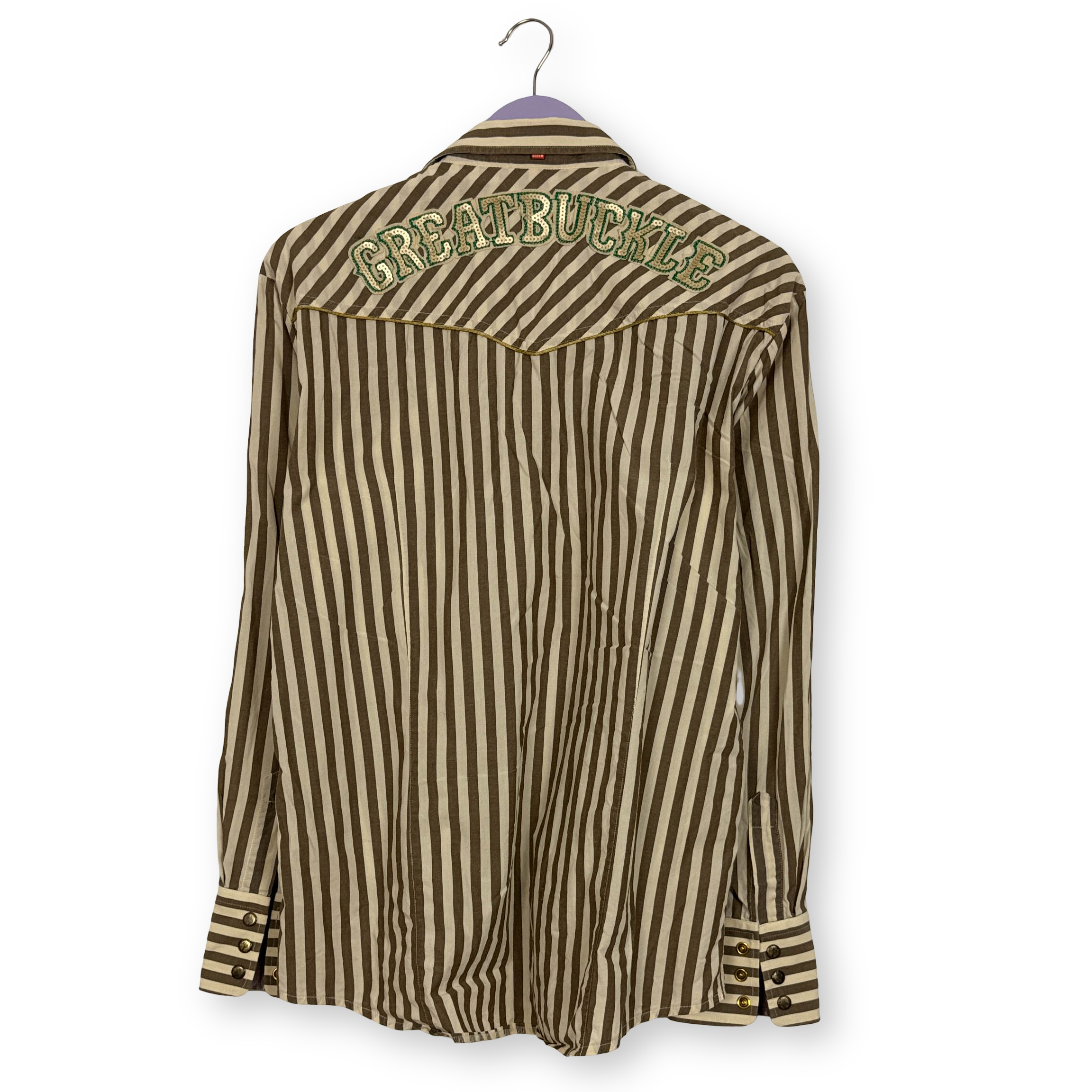 Camicia Hugo Boss gialla e marrone a righe con ricami e paillette - Taglia L uomo