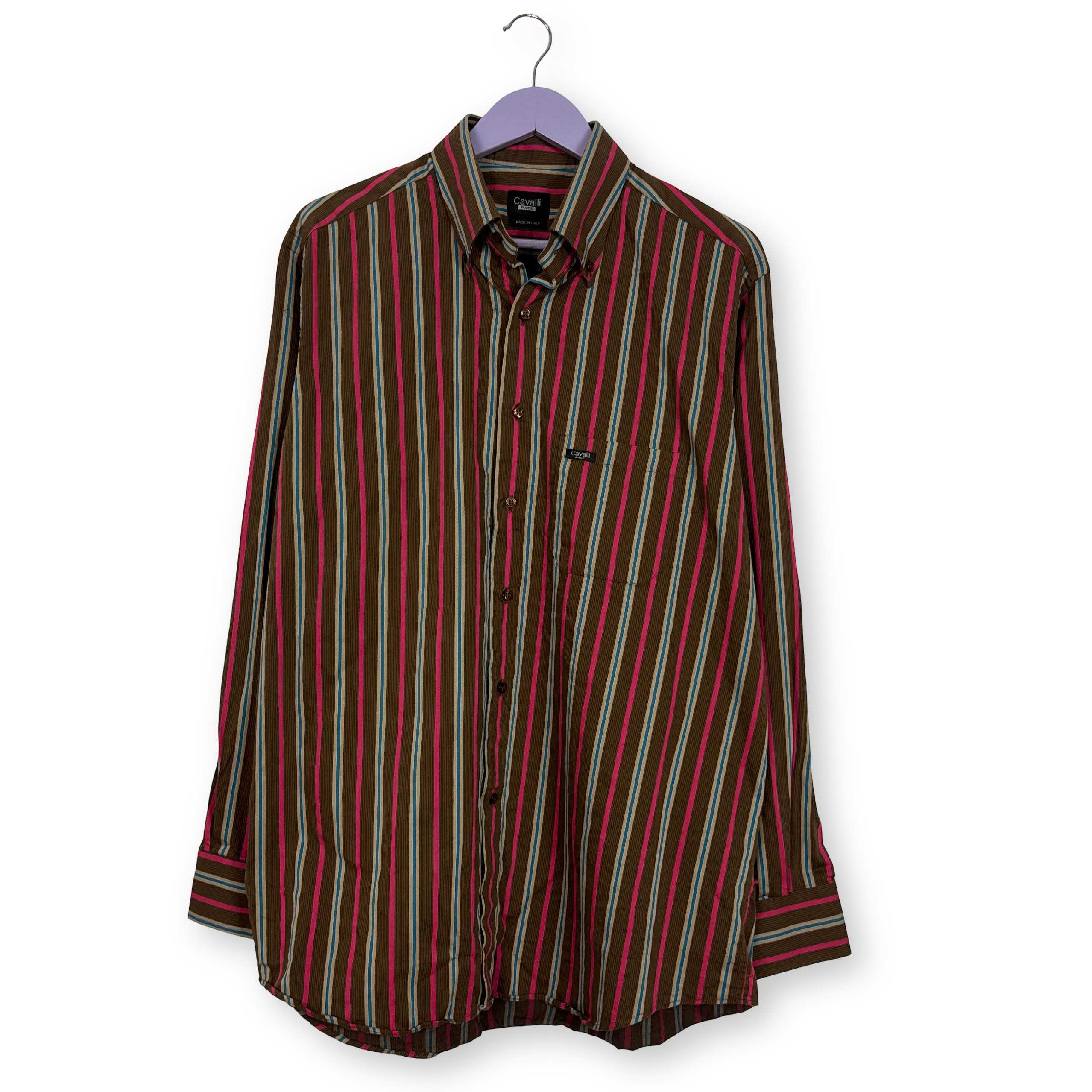 Camicia Cavalli marrone blu e rosa a righe in cotone - Taglia XL uomo