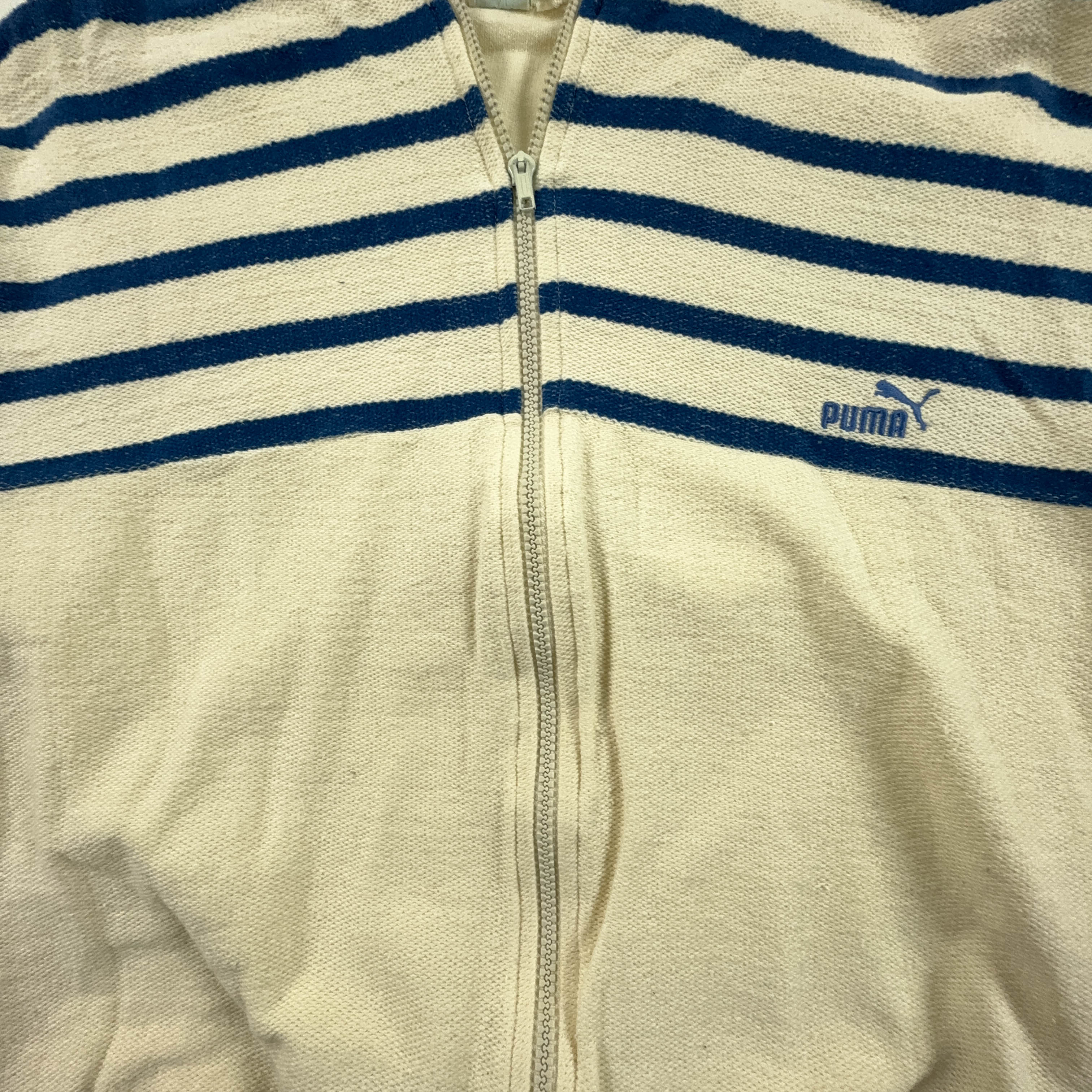 Felpa Puma Vintage beige a righe blu con zip anni 80 - Taglia S/M uomo