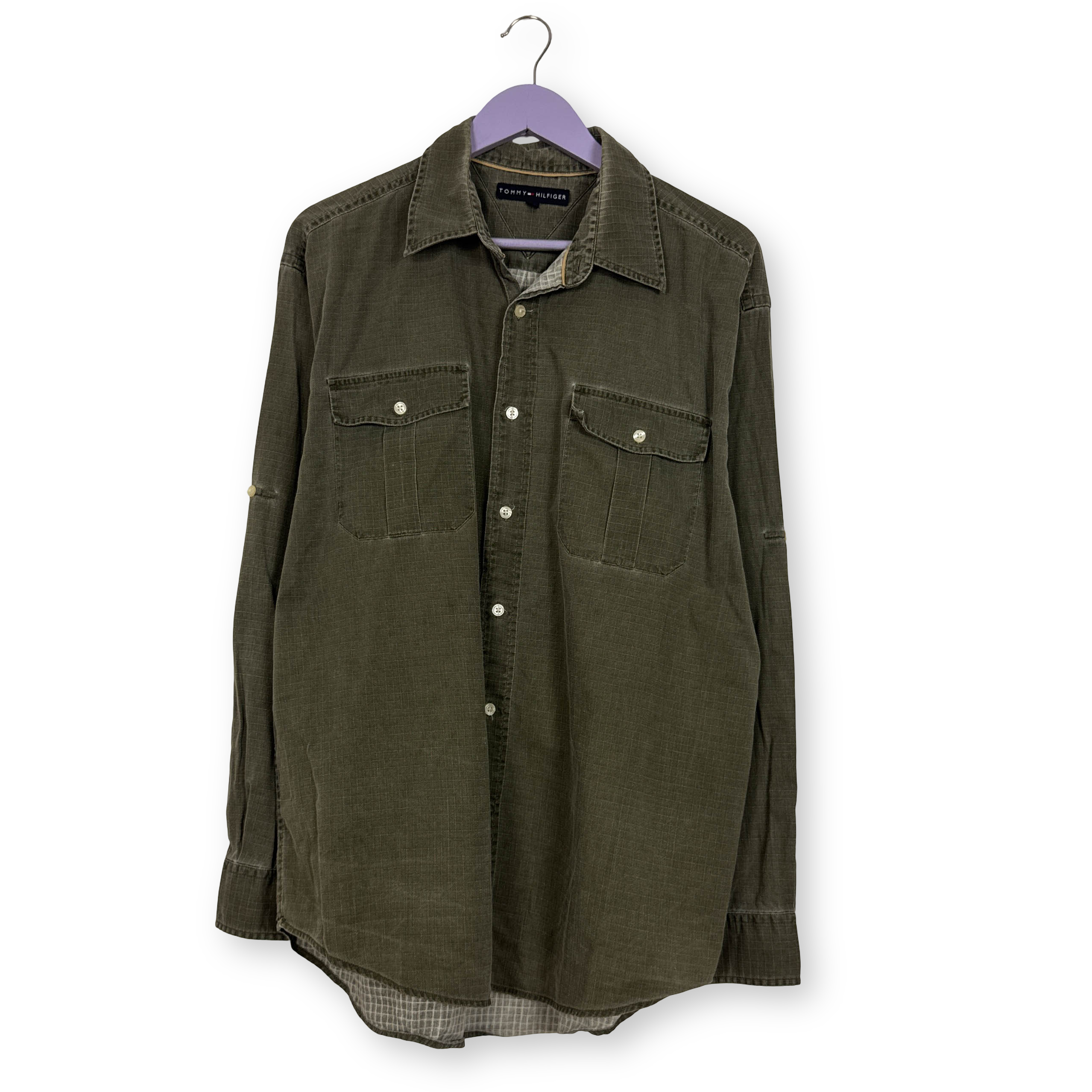 Camicia Tommy Hilfiger verde militare a tinta unita in cotone - Taglia M/L uomo