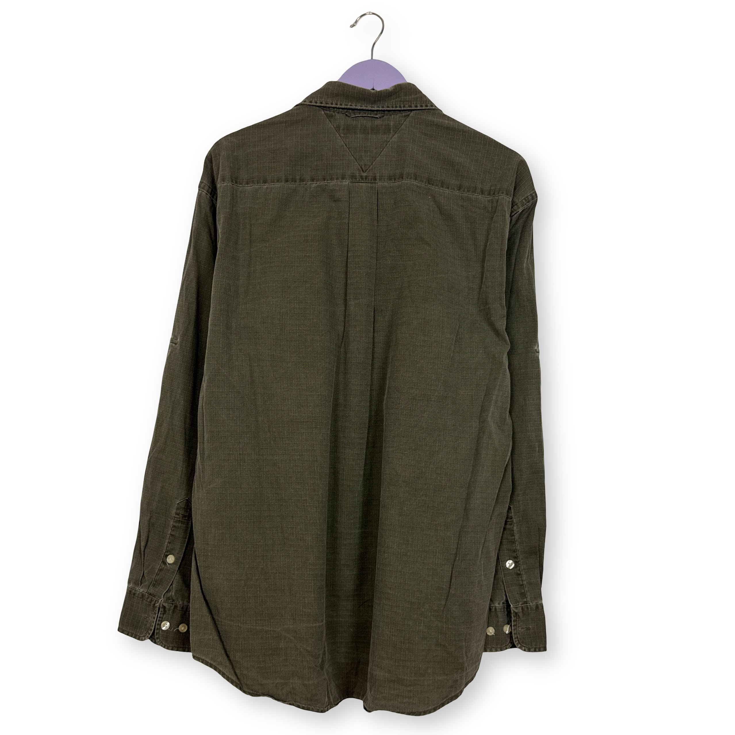 Camicia Tommy Hilfiger verde militare a tinta unita in cotone - Taglia M/L uomo