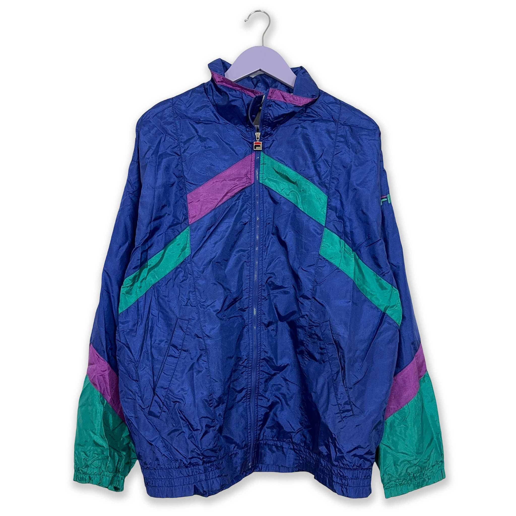 Giacca a vento Fila Vintage blu e verde geometrica con zip anni 90 - Taglia I52 uomo