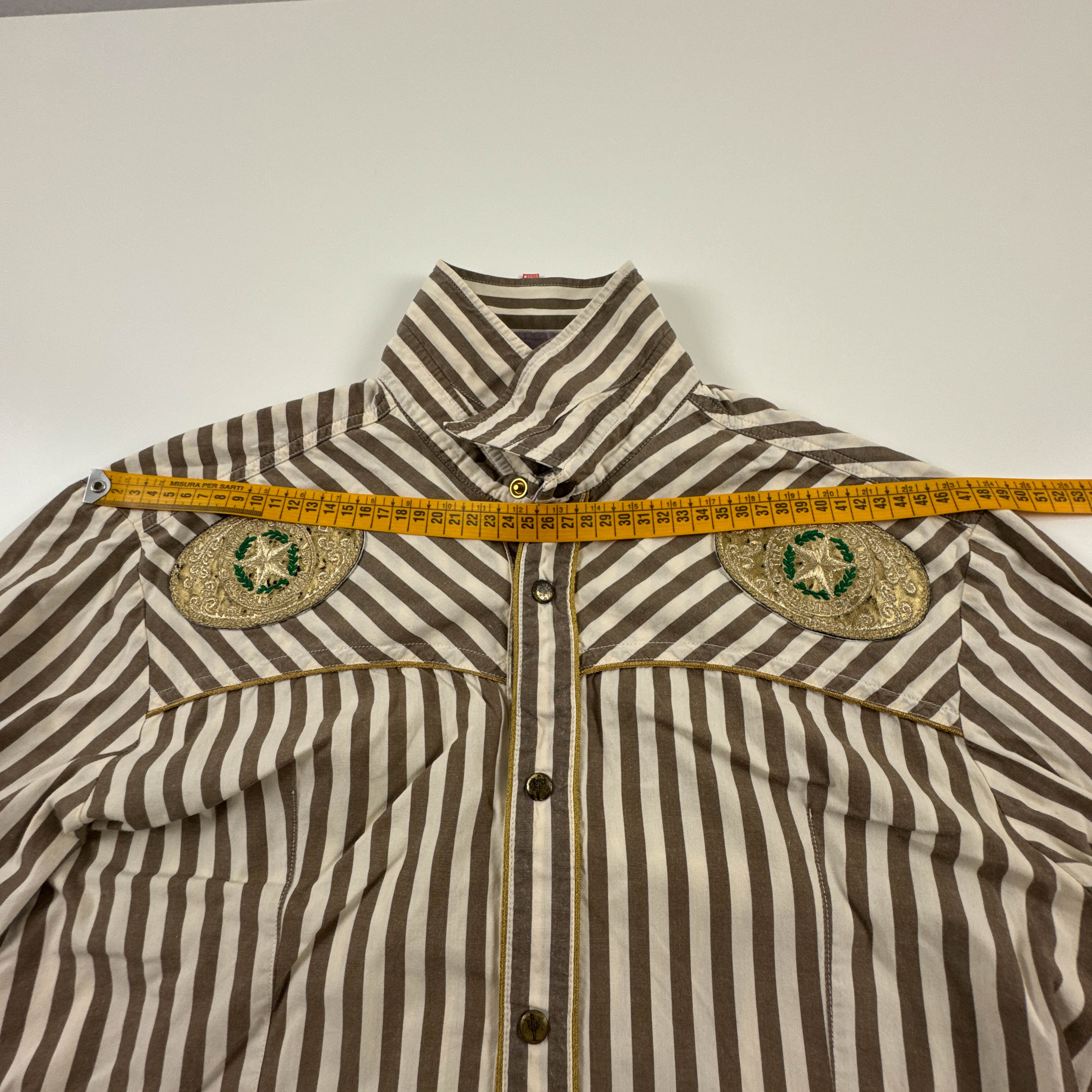 Camicia Hugo Boss gialla e marrone a righe con ricami e paillette - Taglia L uomo