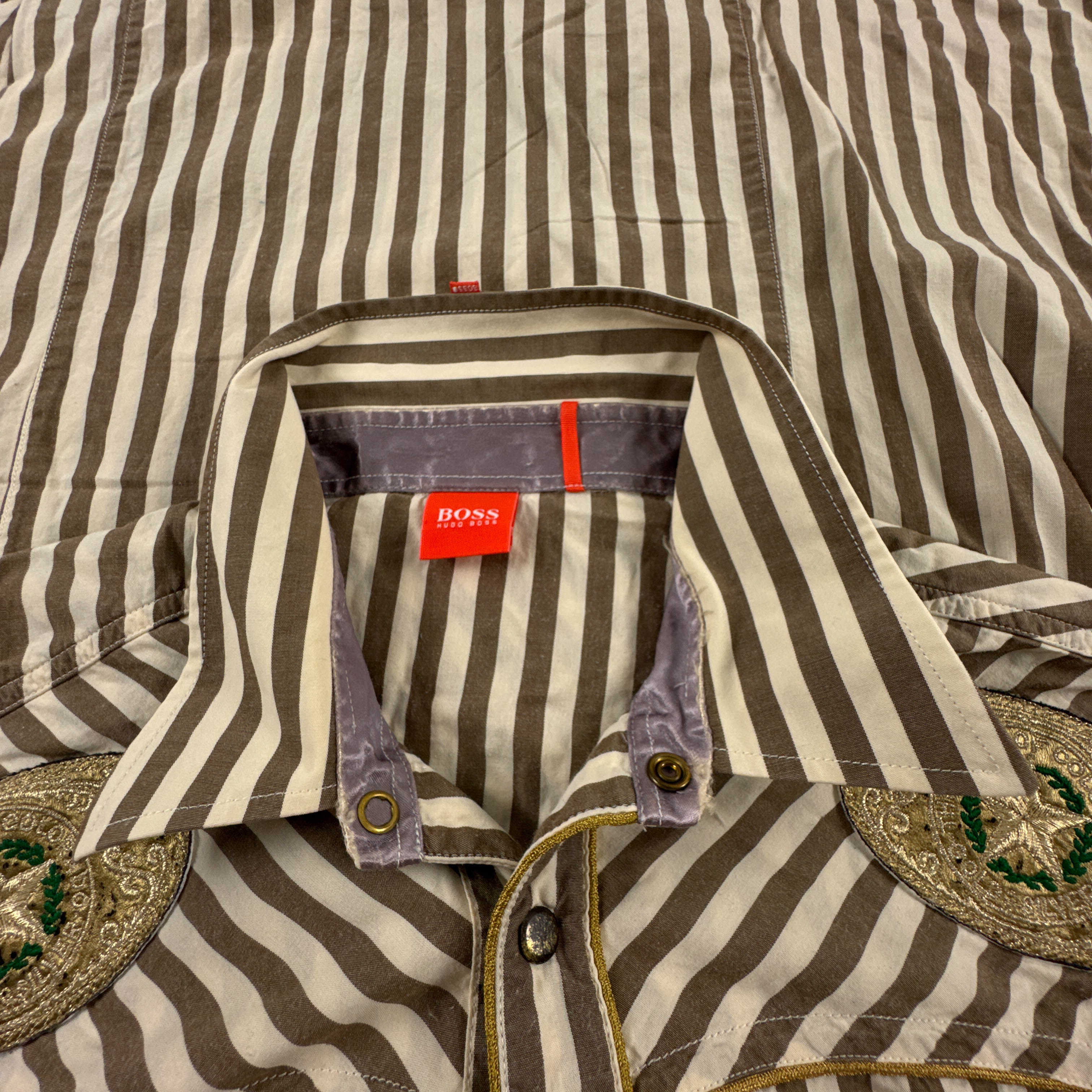 Camicia Hugo Boss gialla e marrone a righe con ricami e paillette - Taglia L uomo