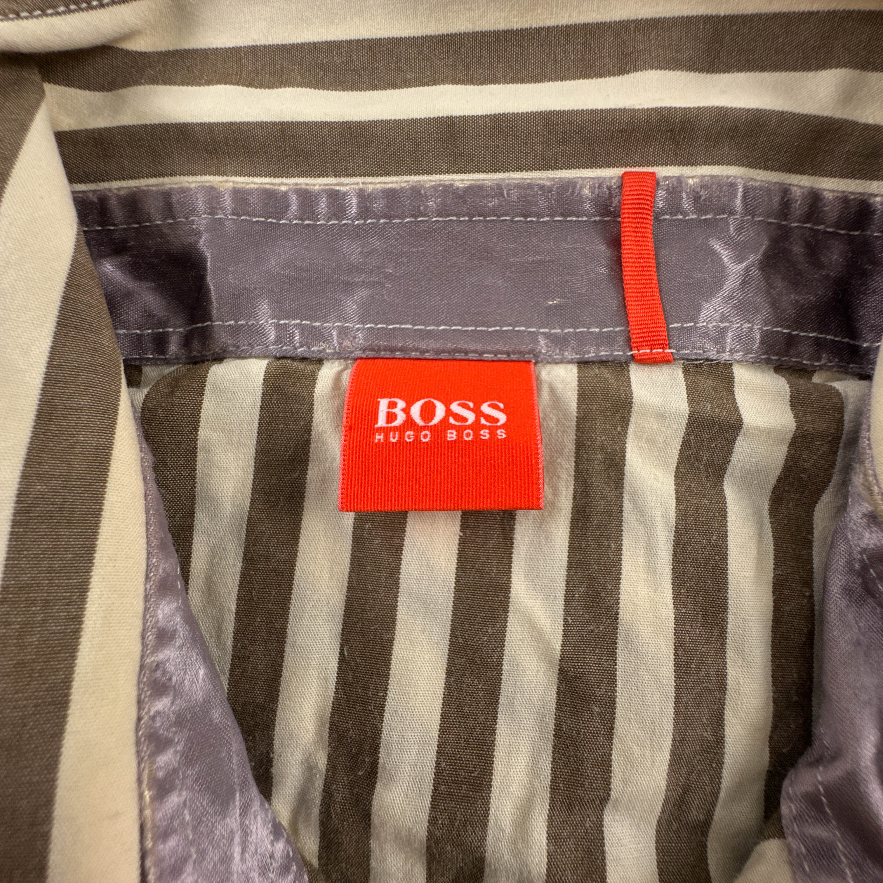 Camicia Hugo Boss gialla e marrone a righe con ricami e paillette - Taglia L uomo