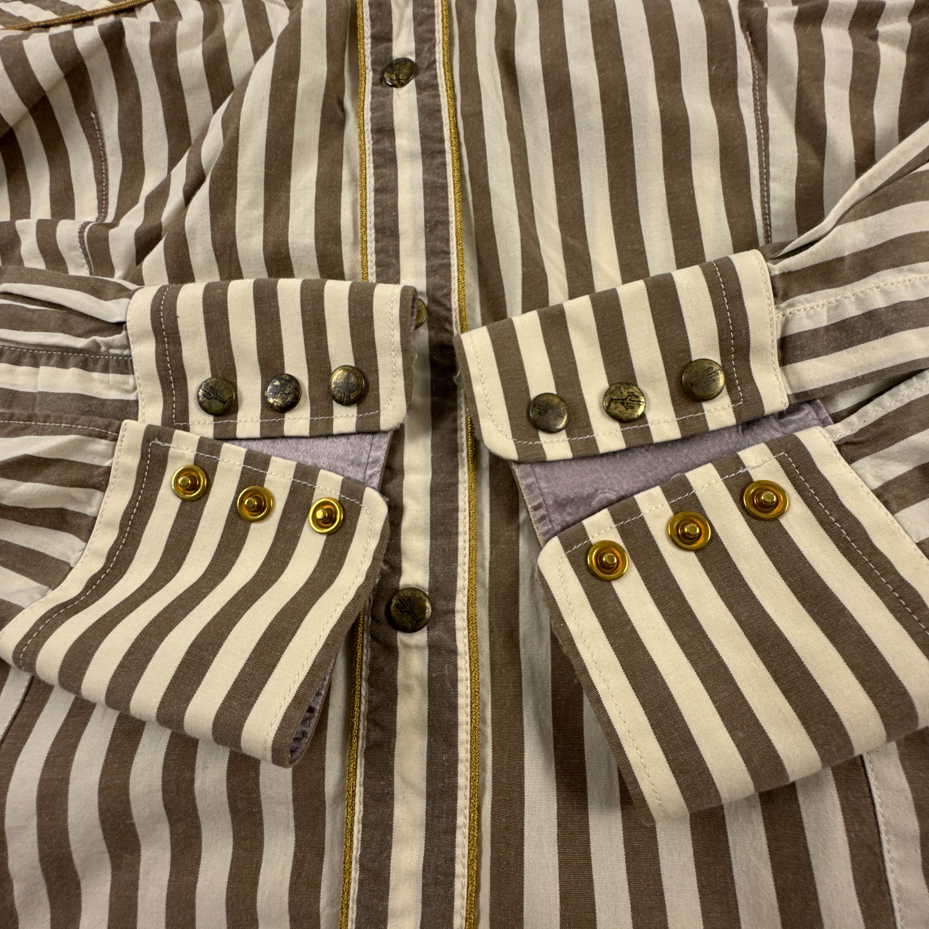 Camicia Hugo Boss gialla e marrone a righe con ricami e paillette - Taglia L uomo