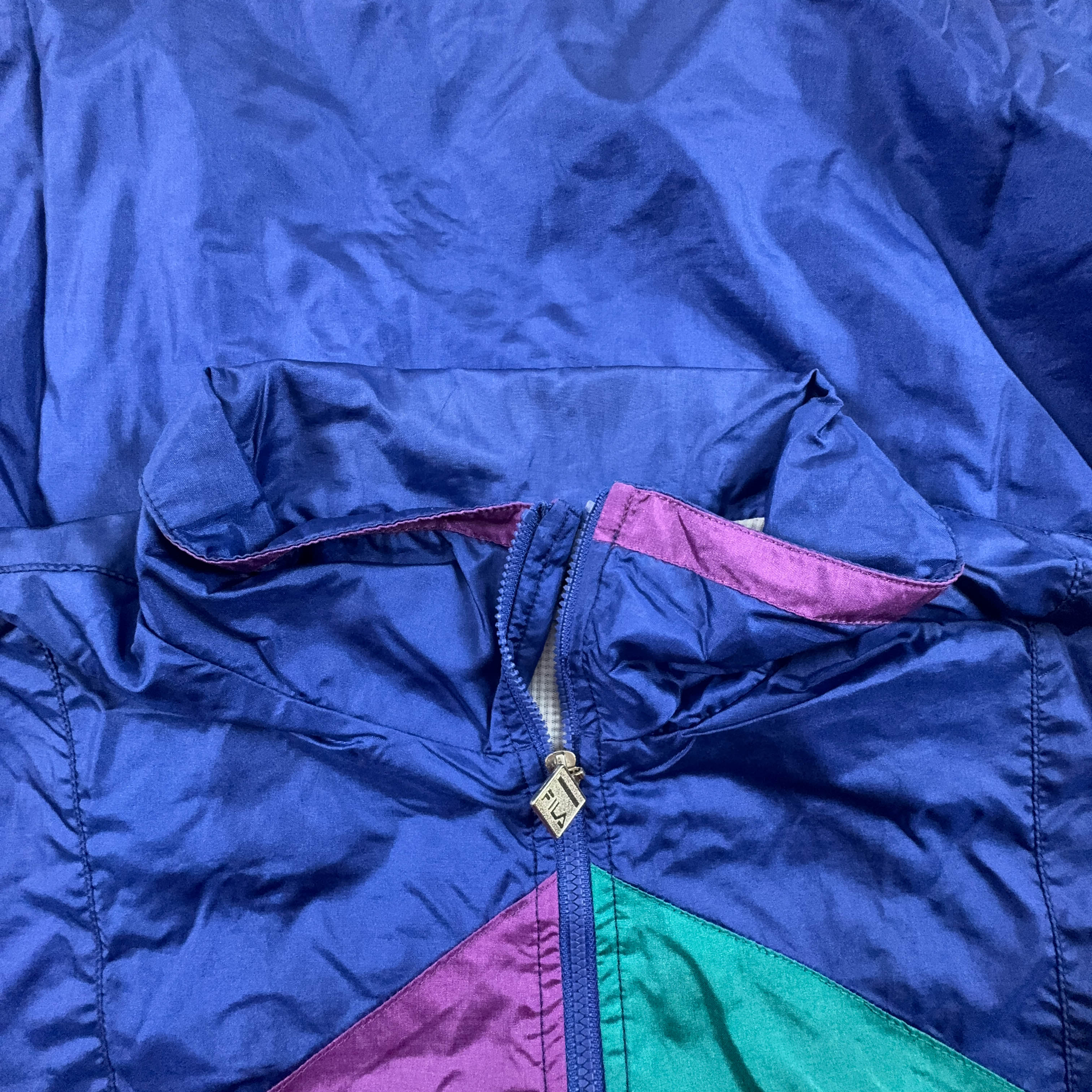 Giacca a vento Fila Vintage blu e verde geometrica con zip anni 90 - Taglia I52 uomo