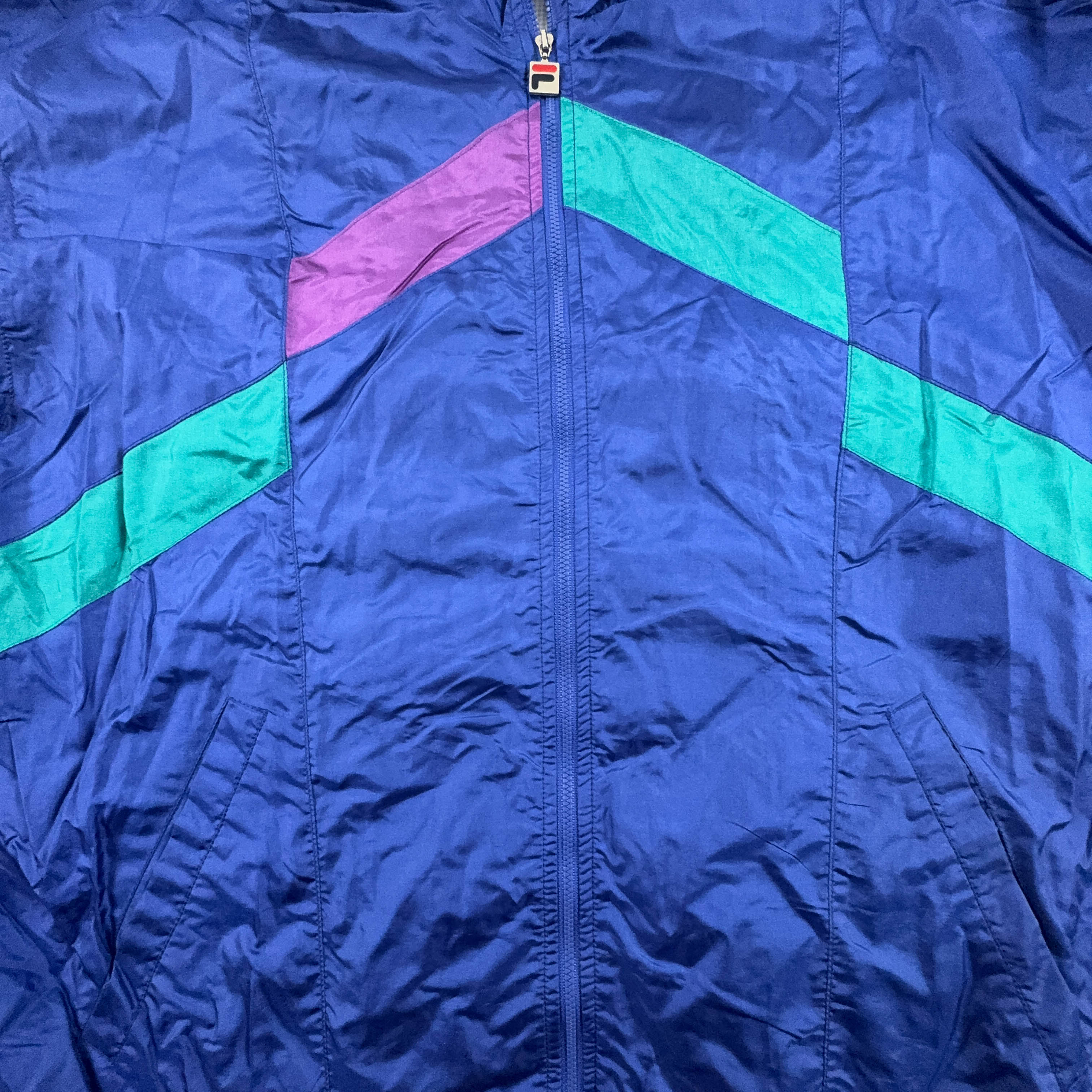 Giacca a vento Fila Vintage blu e verde geometrica con zip anni 90 - Taglia I52 uomo