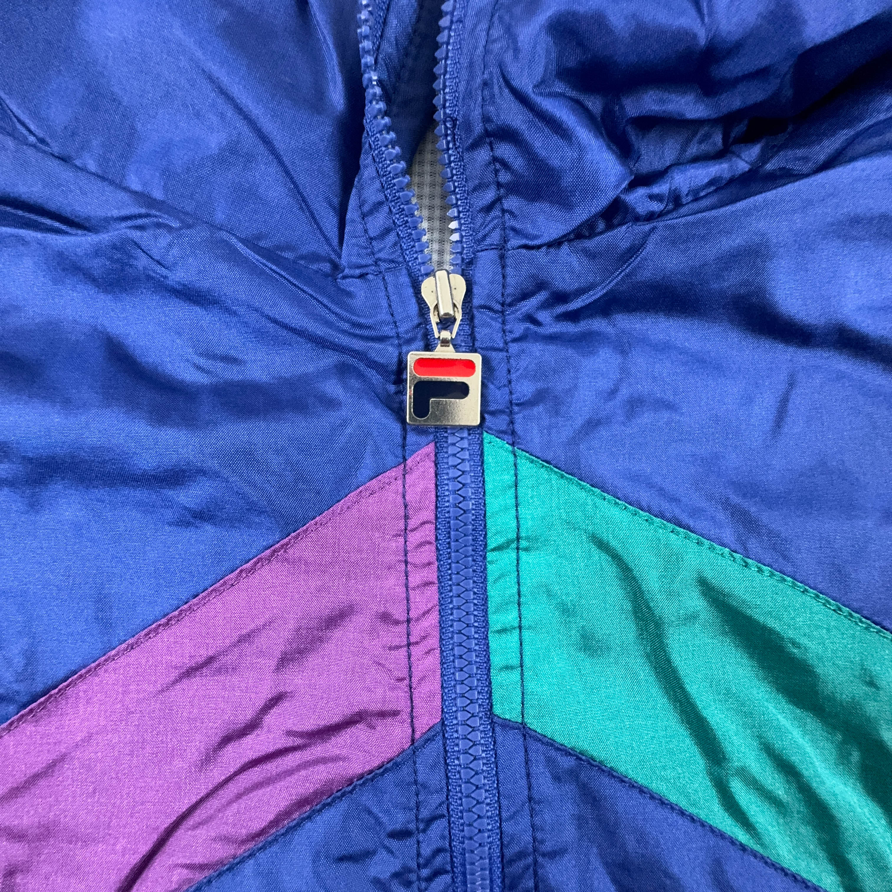 Giacca a vento Fila Vintage blu e verde geometrica con zip anni 90 - Taglia I52 uomo