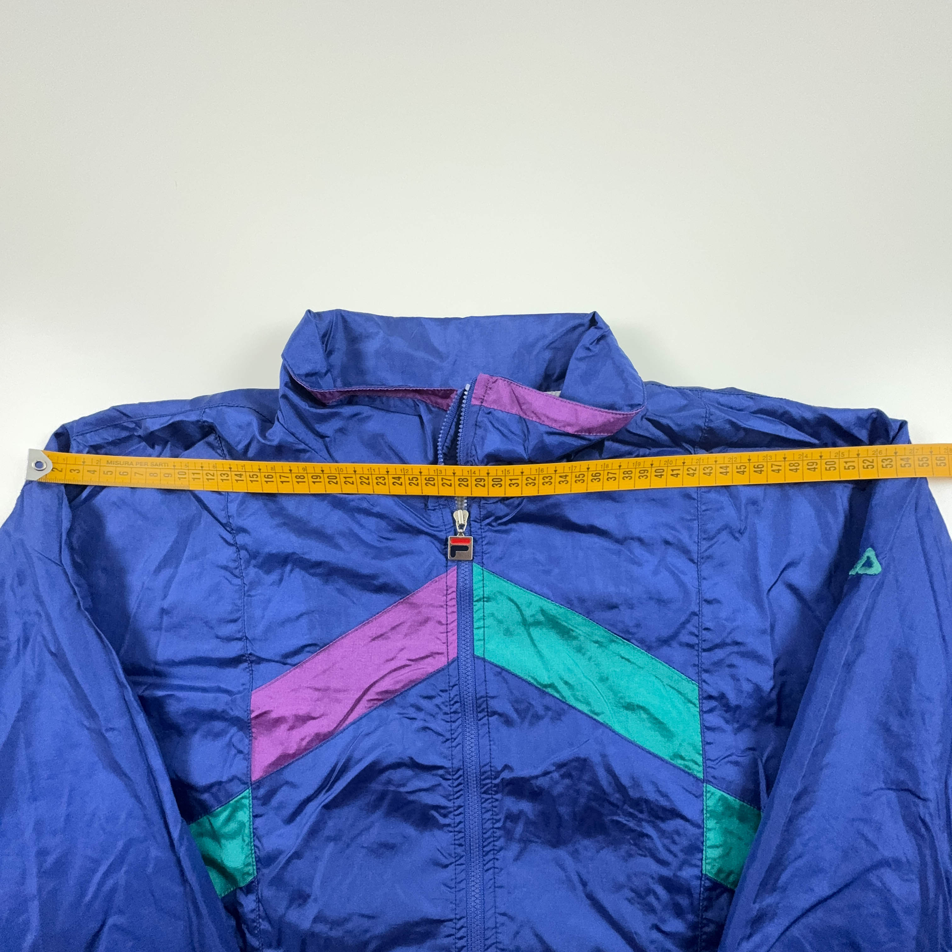 Giacca a vento Fila Vintage blu e verde geometrica con zip anni 90 - Taglia I52 uomo