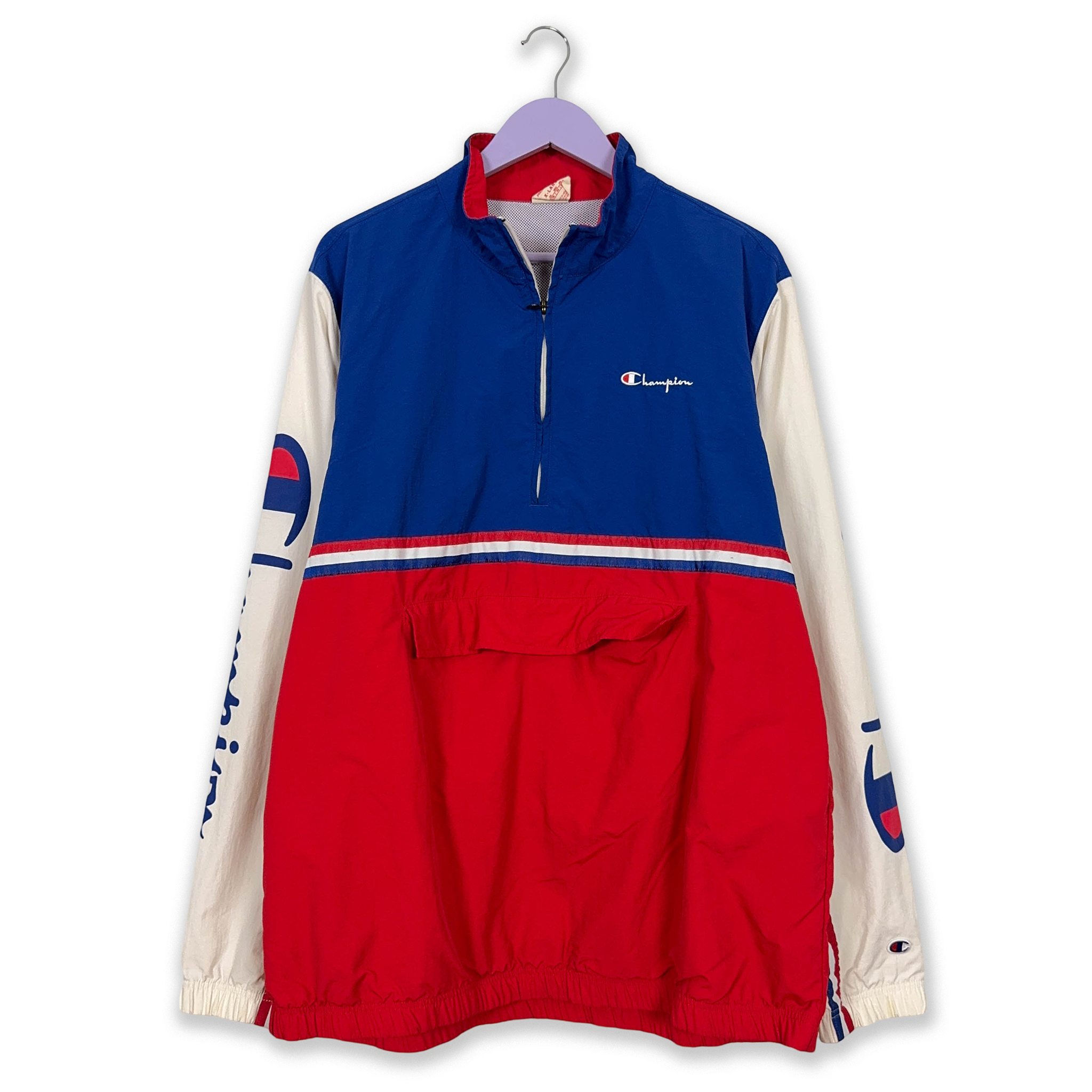 Giacca a vento Champion Vintage blu rossa e bianca anni 90 quarter zip - Taglia XL uomo