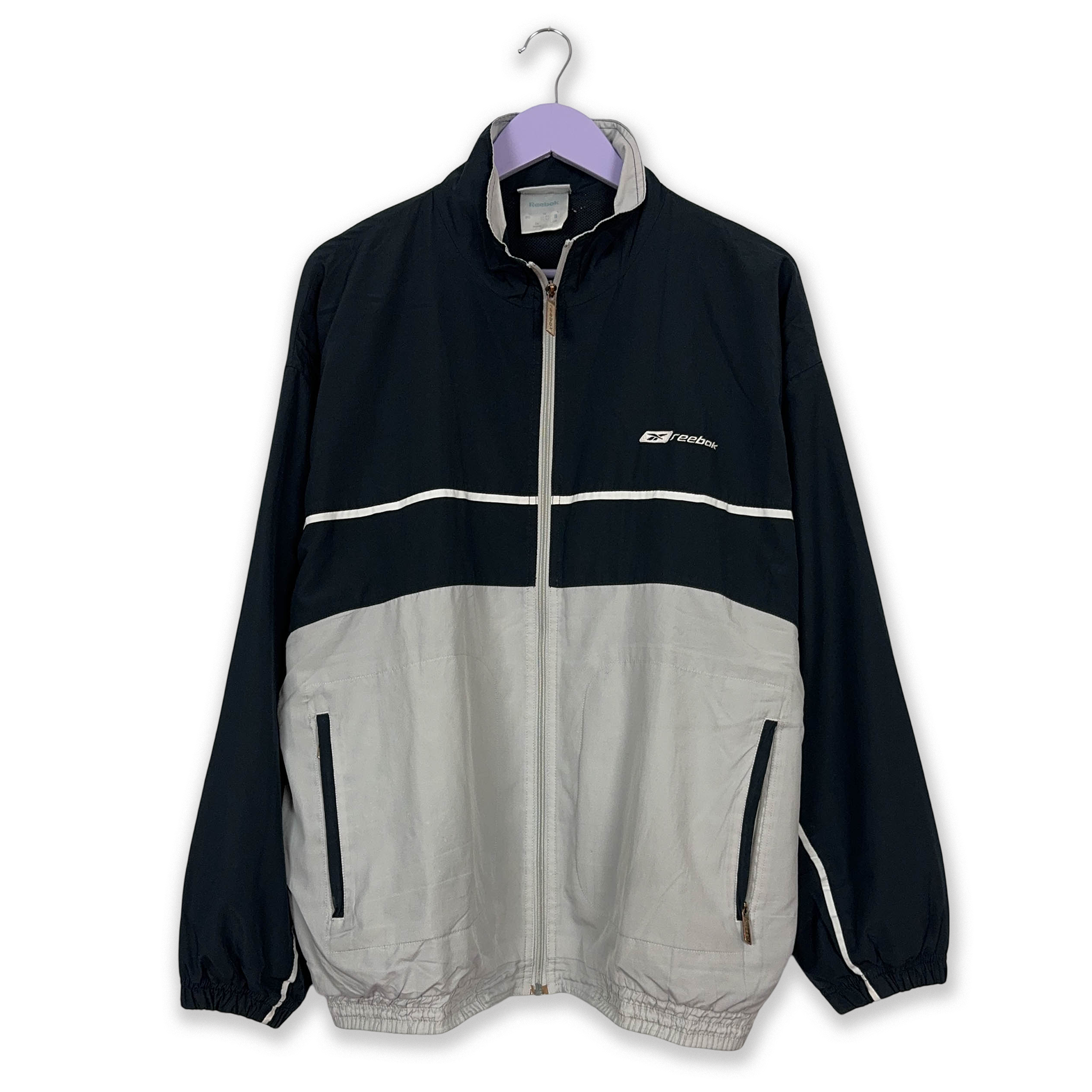 Giacca a vento Reebok Vintage grigia e blu con zip anni 2000 - Taglia XL uomo