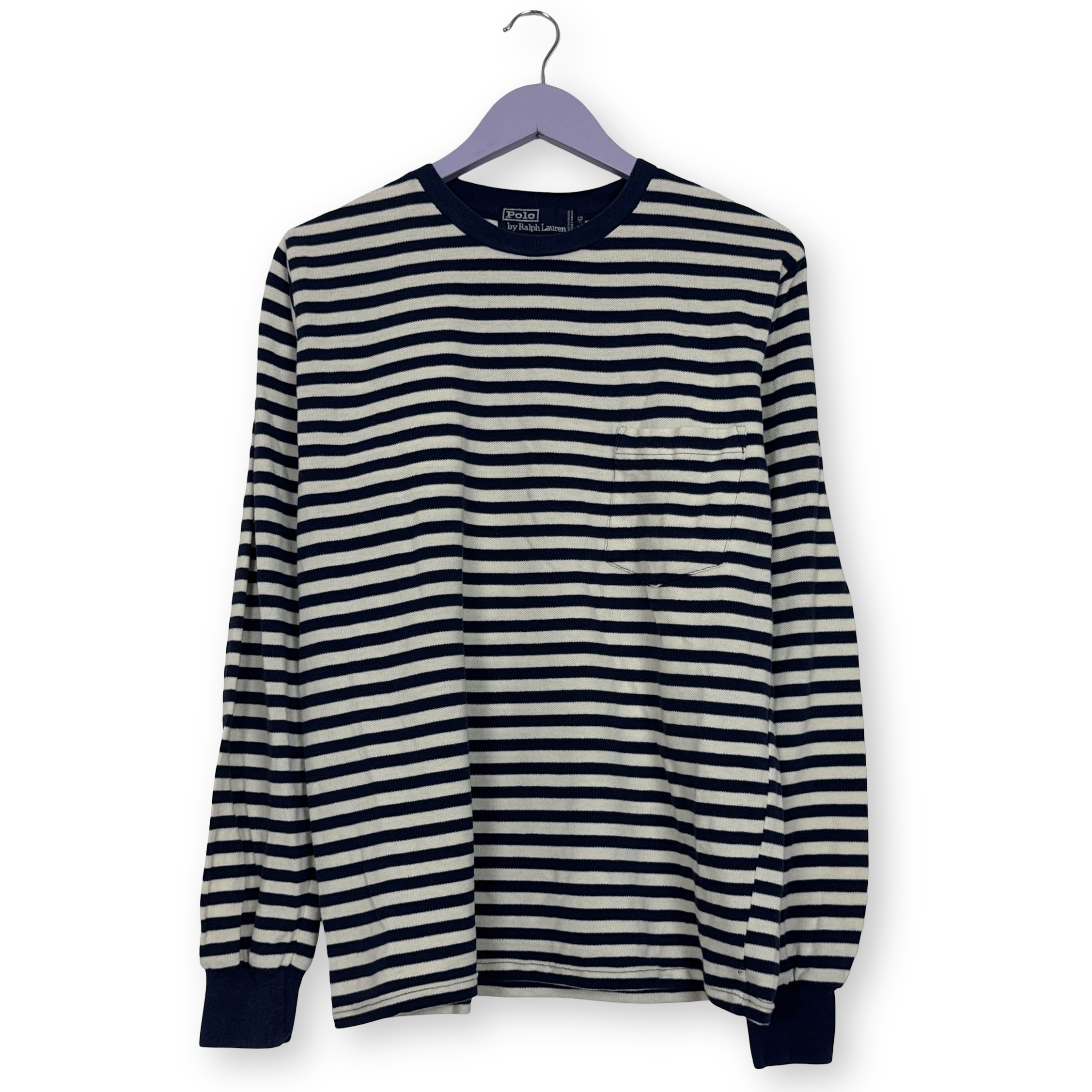 T shirt Ralph Lauren bianca e blu a righe a girocollo in cotone - Taglia L uomo