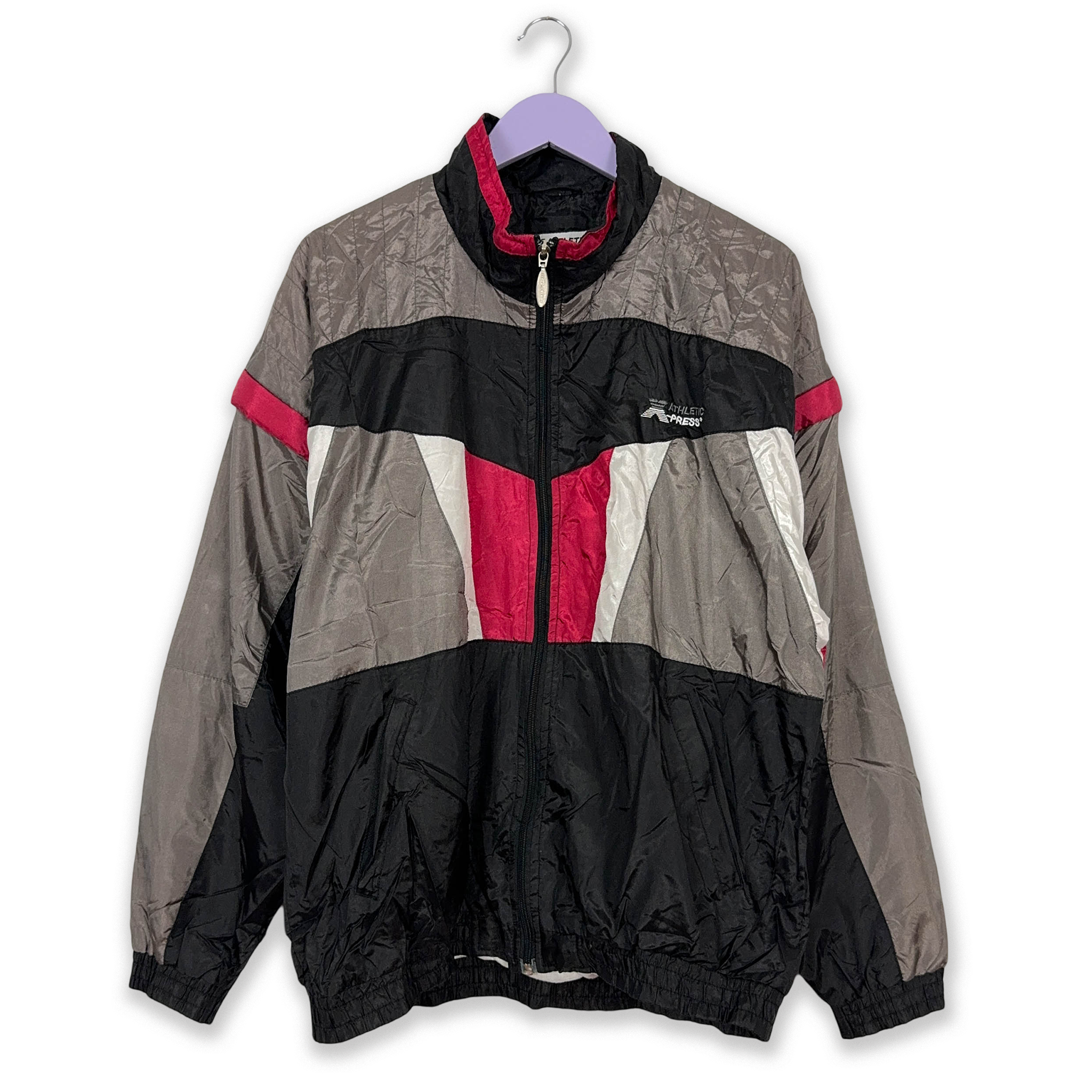 Giacca a vento Vintage nera e grigia geometrica con zip - Taglia L/XL uomo