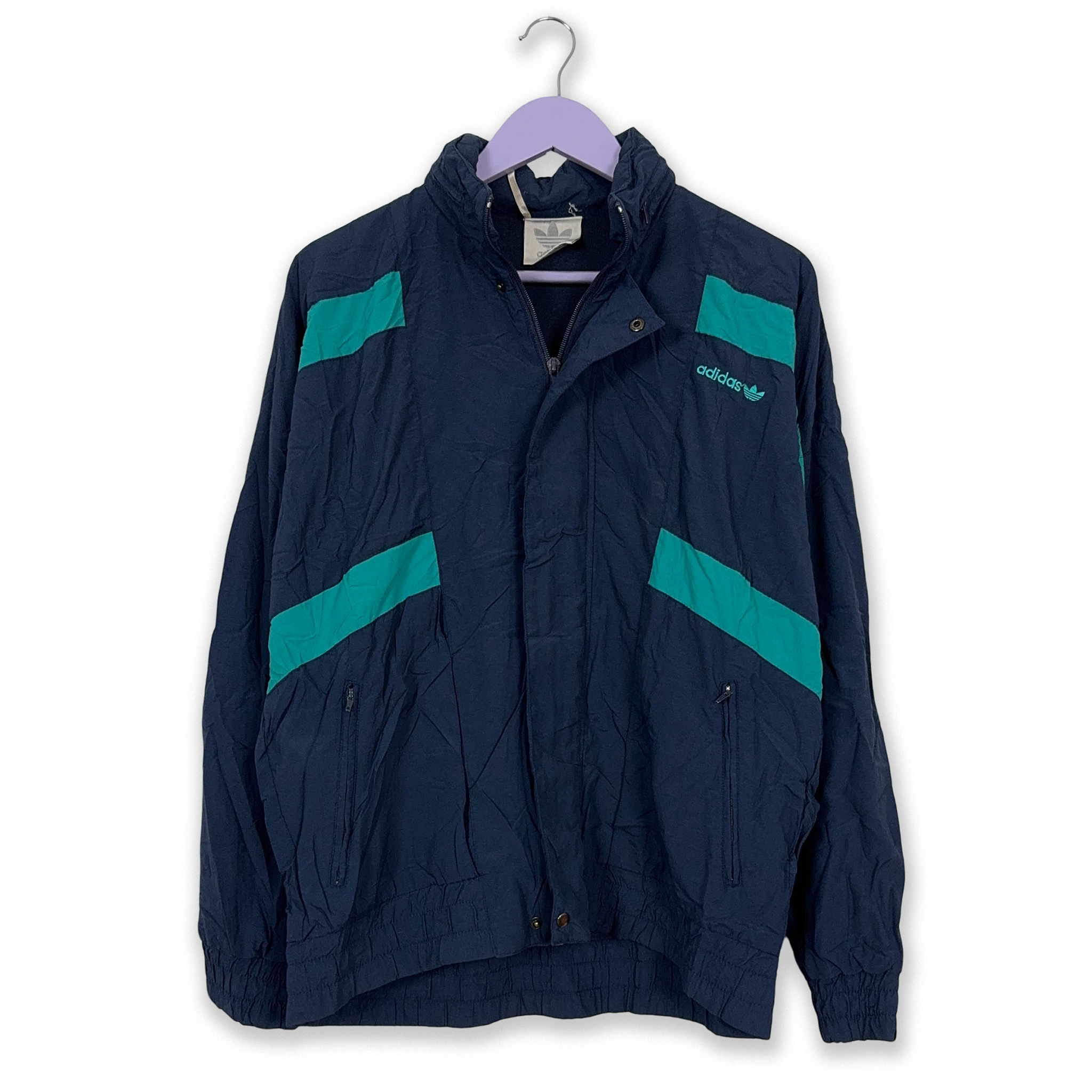 Giacca a vento Adidas Vintage blu scuro con zip e cappuccio anni 90 - Taglia 48 uomo