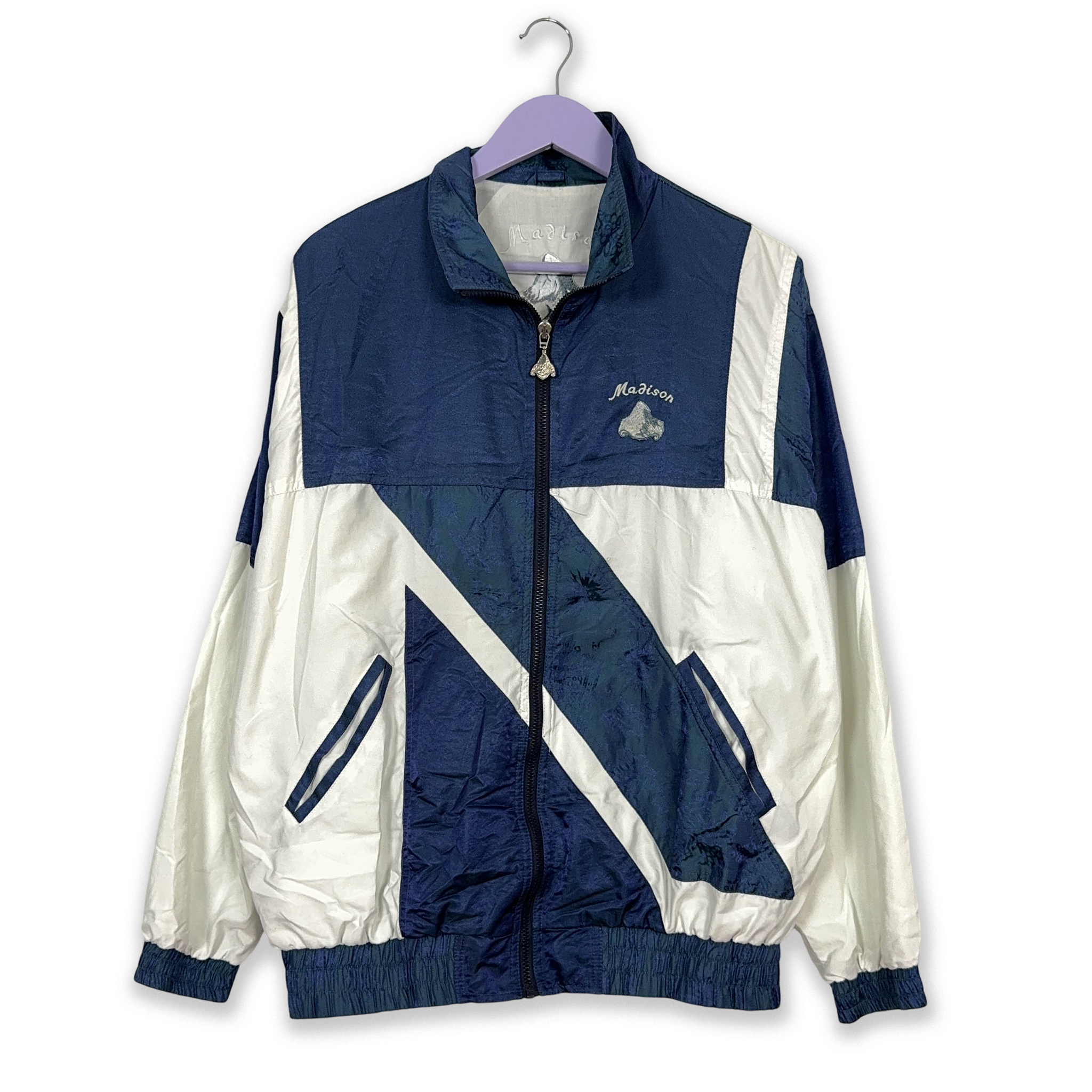 Giacca a vento Vintage bianca e blu con zip - Taglia 50 uomo