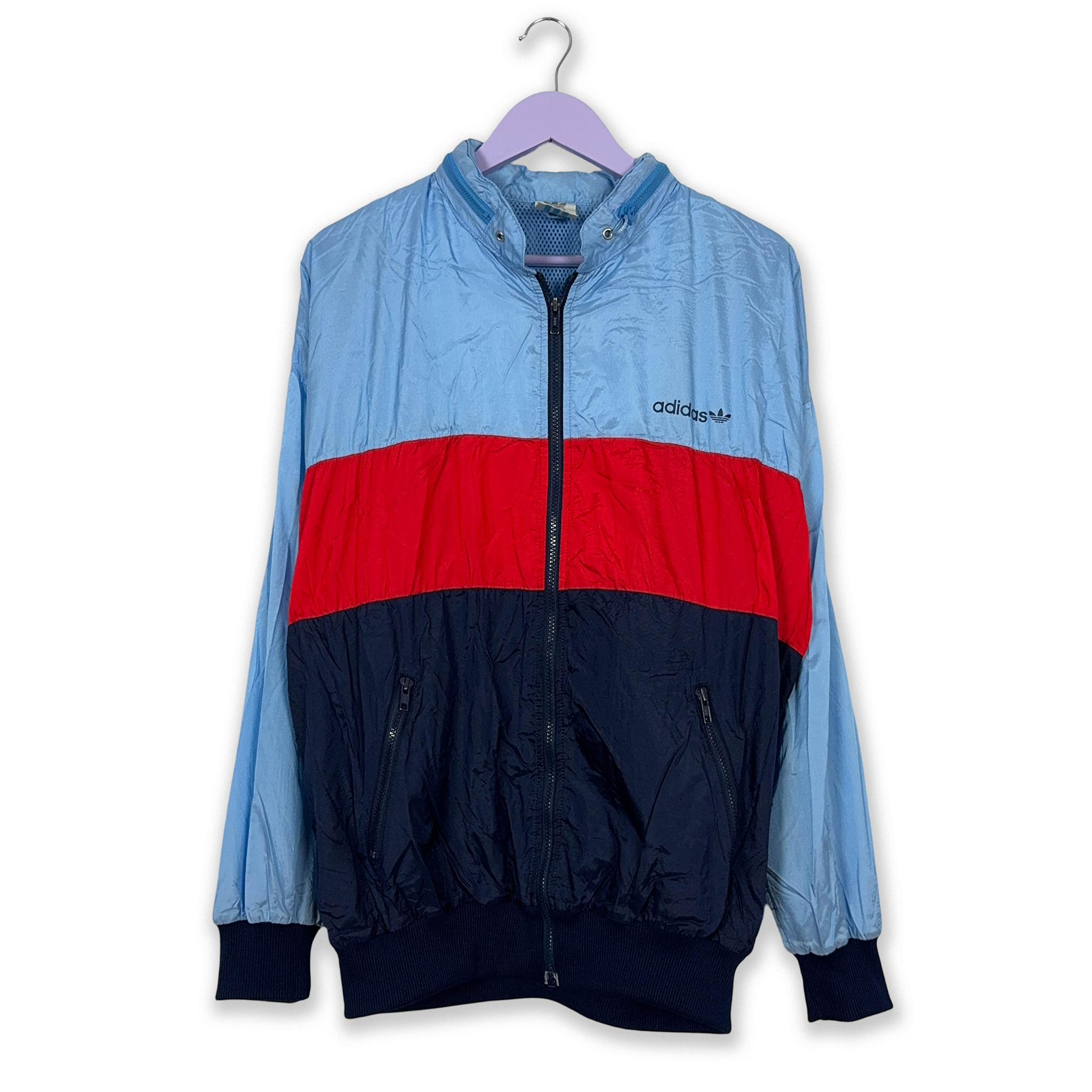 Giacca a vento Adidas Vintage rossa e blu con zip e cappuccio anni 80 - Taglia D8 F183 uomo