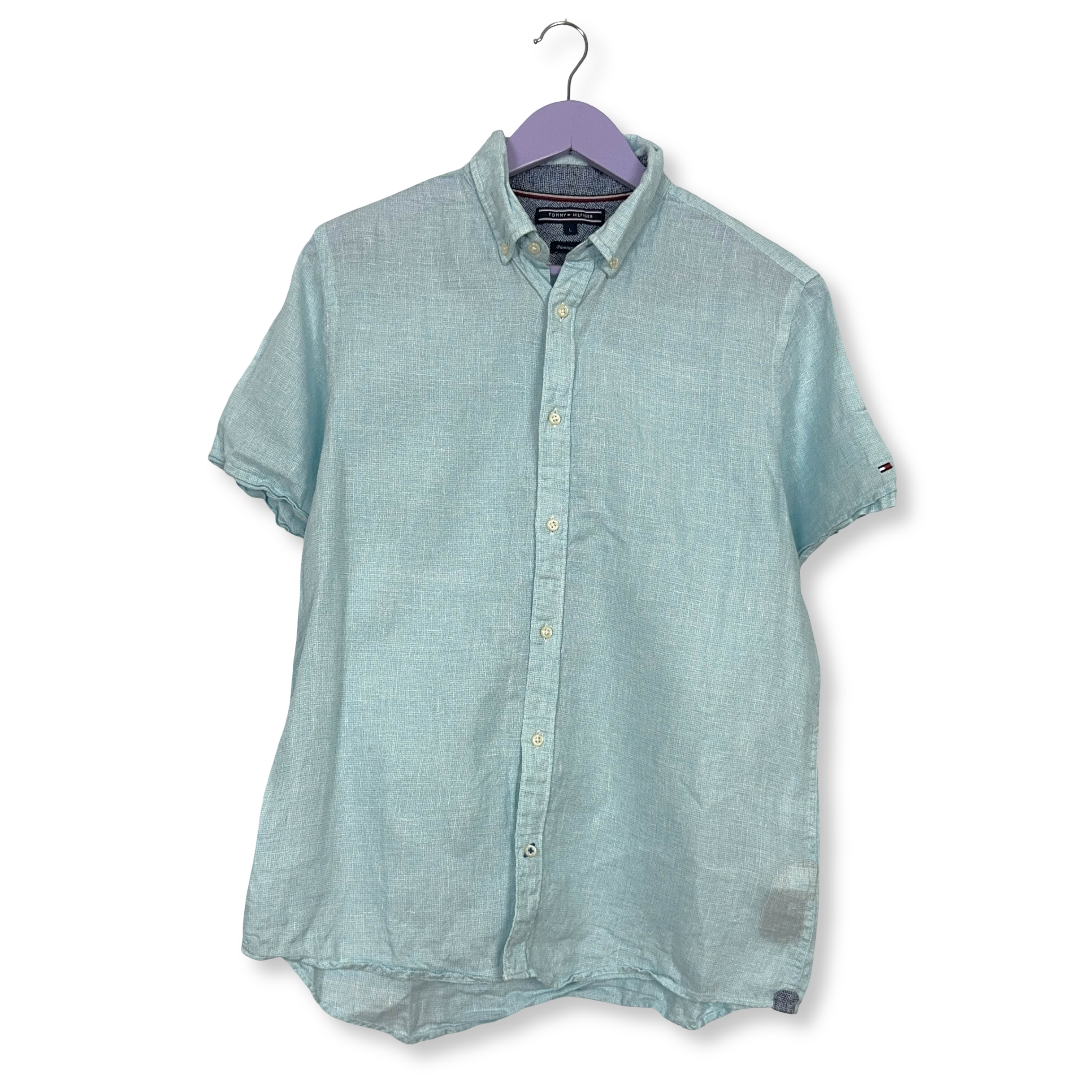 Camicia Tommy Hilfiger azzurra a tinta unita 100% lino - Taglia M/L uomo