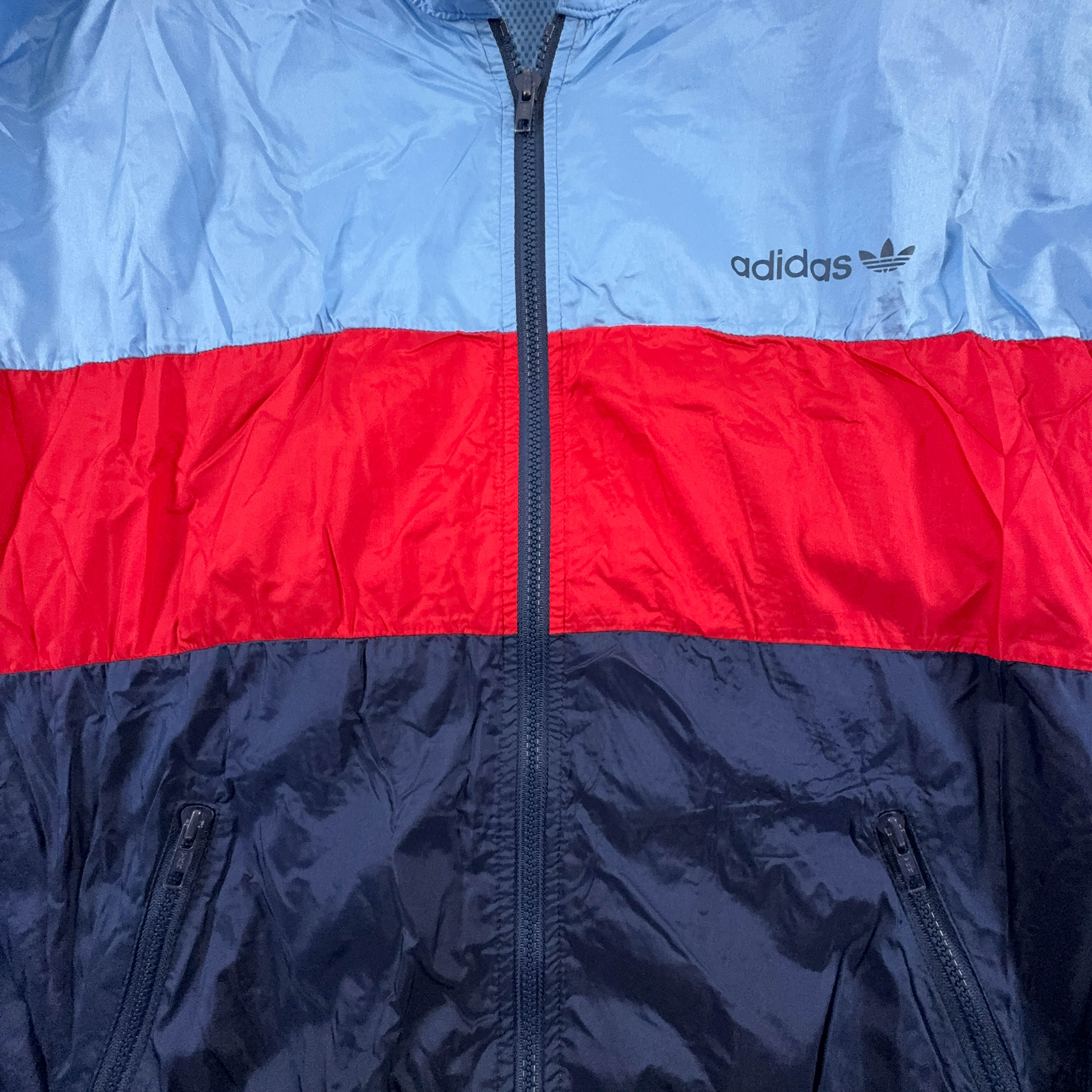 Giacca a vento Adidas Vintage rossa e blu con zip e cappuccio anni 80 - Taglia D8 F183 uomo