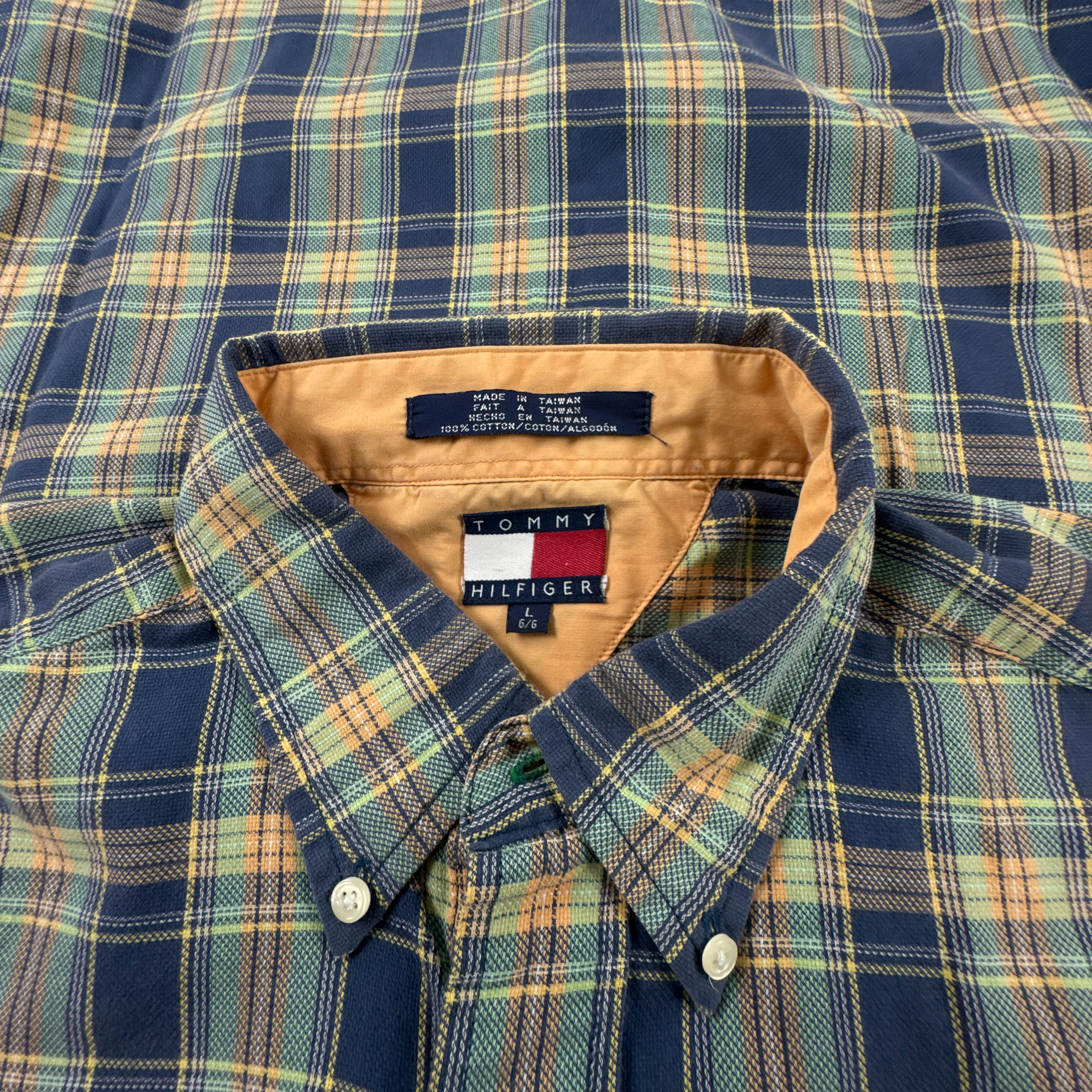 Camicia Tommy Hilfiger Vintage blu e gialla a quadri anni 90 - Taglia L/XL uomo