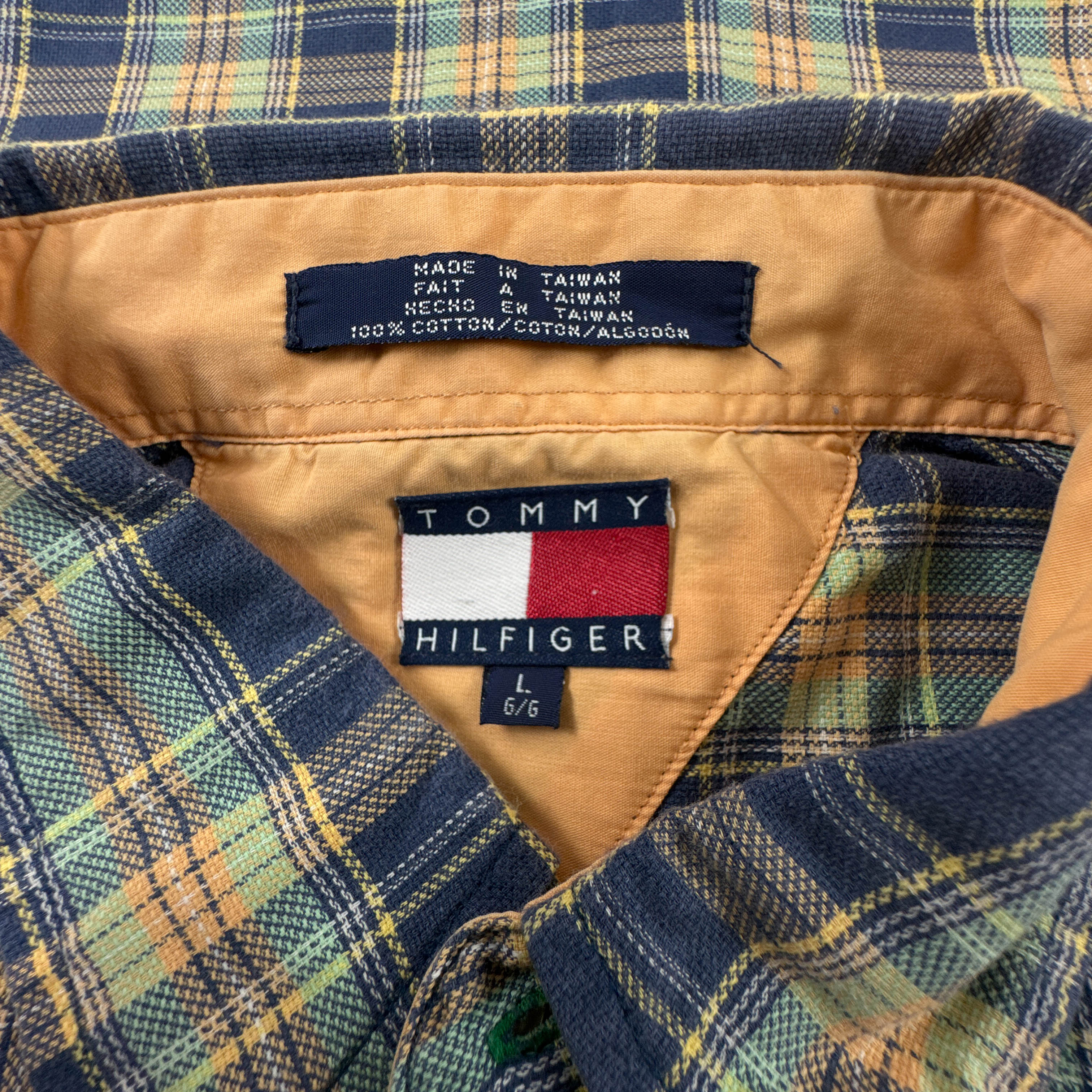 Camicia Tommy Hilfiger Vintage blu e gialla a quadri anni 90 - Taglia L/XL uomo