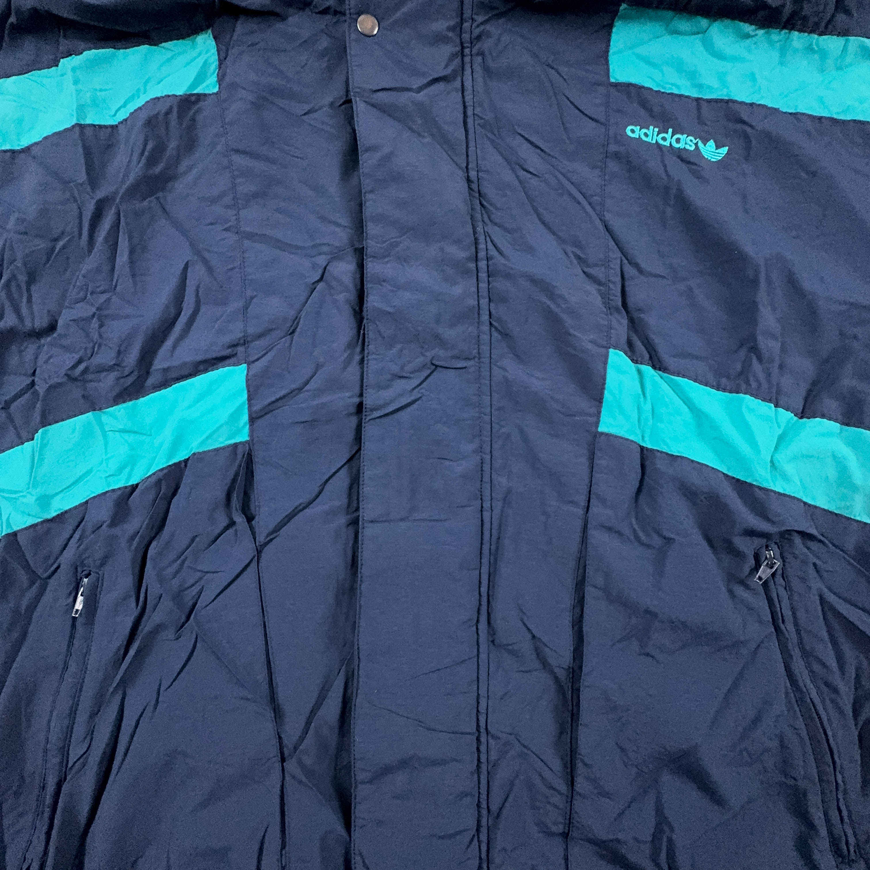 Giacca a vento Adidas Vintage blu scuro con zip e cappuccio anni 90 - Taglia 48 uomo